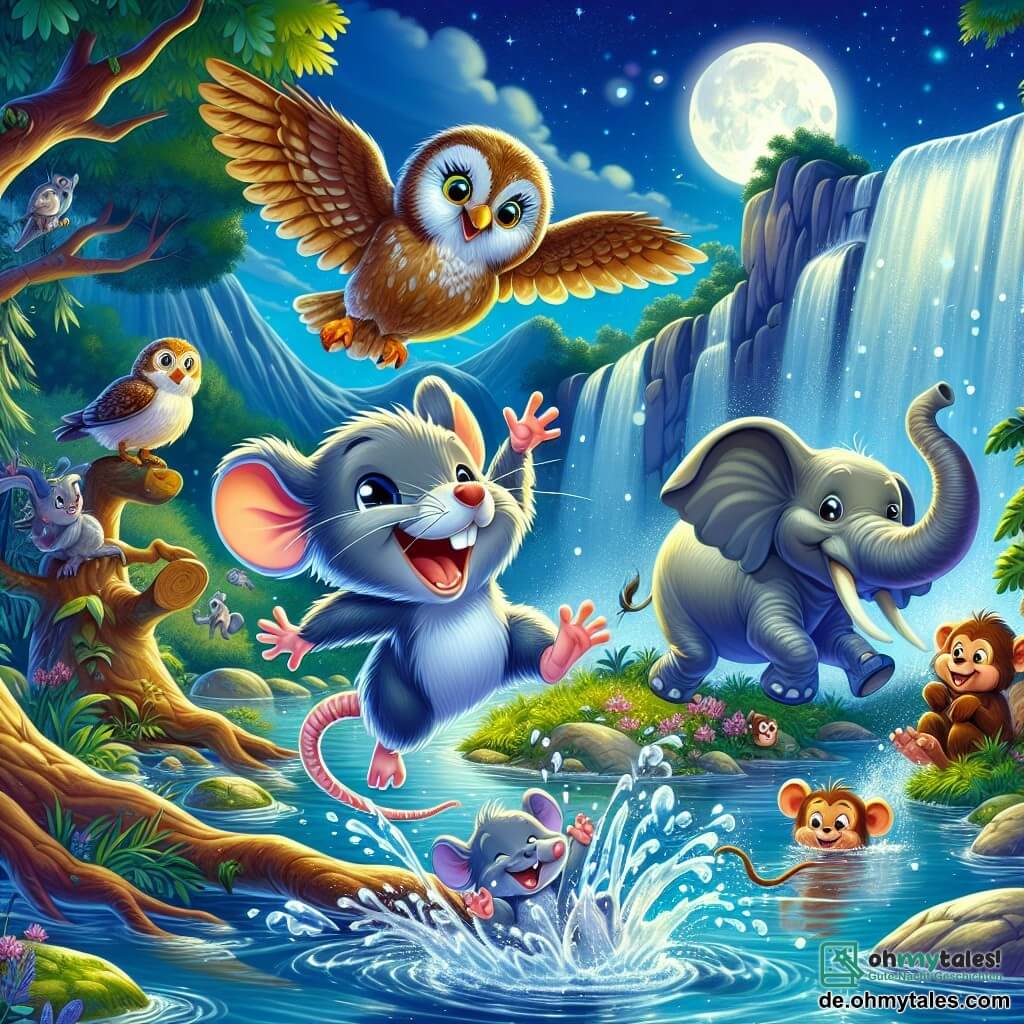 Ein kleiner Ratte namens Rudi, mit grauem Fell und schelmischen Augen, springt fröhlich in eine Wasserpfütze und spritzt um sich. Er hat ein breites Lächeln im Gesicht, das seine Begeisterung für das Abenteuer zeigt. Neben ihm fliegt eine Eule namens Ella, mit großen braunen Federn und weisen Augen, lachend über die Gruppe. Ein schelmischer Affe namens Max, mit braunem Fell und einem langen Schwanz, schwingt sich von Ast zu Ast, bereit ins Wasser zu tauchen. Schließlich steht ein Elefant namens Emil, mit grauer Haut und großen Ohren, am Rand des Baches und spritzt mit seinem Rüssel Wasser. Die Szene spielt sich in der Nähe eines großen, wunderschönen Wasserfalls ab, umgeben von funkelnden Steinen und üppigem Grün, in dem das Mondlicht auf dem sprudelnden Wasser reflektiert. Rudi und seine Freunde haben Spaß, spritzen Wasser und lachen im Mondschein und fangen den Geist von Abenteuer und Kameradschaft an diesem magischen Abend im Zoo ein.