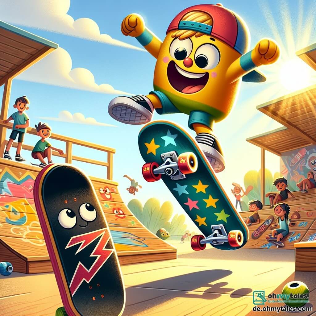 Ein Skateboard namens Skippy, fröhlich und bunt mit Sternenmustern, führt einen beeindruckenden Kickflip in einem sonnigen Skatepark aus, sein strahlendes Lächeln zeigt seine Begeisterung. Neben ihm beobachtet Rocco, ein schwarzes Skateboard mit roten Blitzen, entschlossen und bereit, einen neuen Trick auszuprobieren, während seine Räder in der Sonne funkeln. Der Skatepark ist voller Holzramps, bunter Graffiti an den Wänden und spielender Kinder, was eine dynamische und fröhliche Atmosphäre schafft. Die Hauptsituation zeigt Skippy und Rocco in Aktion, vereint im Teamgeist, die Schwerkraft herausfordernd und einen Moment der Kameradschaft unter den Lachen und Anfeuerungen anderer Skater teilend.