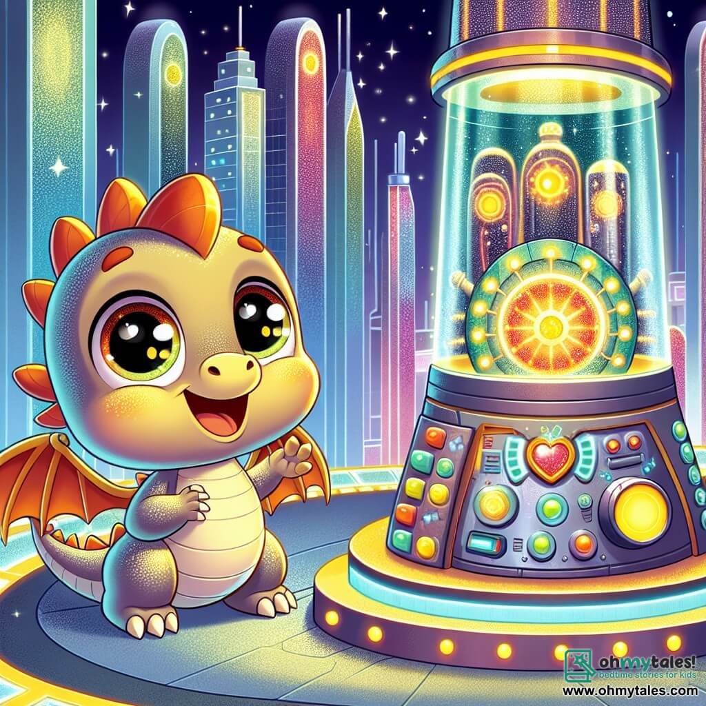A small dragon with shiny, sparkling scales and big, curious eyes stands joyfully at the top of a glittering tower, its little wings spread in a happy gesture. It gazes in wonder at a large, mysterious futuristic device, smiling and ready to uncover its secrets. Next to it is a large, bright Eco-Magic Machine with flashing lights and colorful buttons, standing proudly. Its lights sparkle with joy, appearing friendly as if sharing a secret with the little dragon. The setting is a futuristic city called Glimmering Skies, where tall, shimmering buildings made of glass and metal reflect the colors of the sky. Glowing roads wind between the towers, and trees with luminescent leaves add a touch of magic to the environment. The main scene shows the little dragon and the Eco-Magic Machine working together to solve a small problem, with the dragon happily pushing a stuck propeller while the device encourages it with bright lights and cheerful sounds.