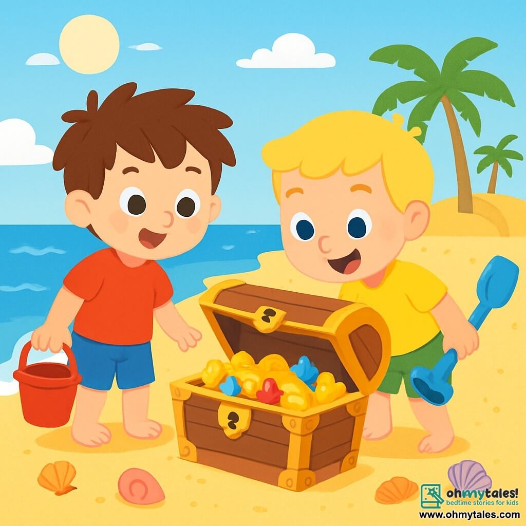There are 2 main characters: Max, a 3-year-old boy with messy brown hair, wearing a red t-shirt and blue shorts, holding a red bucket and gazing in wonder at the treasure; and Leo, nearly 3, with blond hair and a bright smile, dressed in a yellow t-shirt and green shorts, holding a blue shovel and leaning towards the treasure chest. The scene takes place on a sunny beach with sparkling golden sand, gentle waves lapping at the shore, and colorful seashells scattered around. In the background, there are sand dunes and palm trees swaying in the breeze. The main situation shows Max and Leo discovering a treasure chest buried in the sand, an old wooden chest with golden decorations and a rusty lock. The boys are amazed, their eyes shining with joy as they open the chest, revealing sparkling gold coins and colorful gemstones inside.