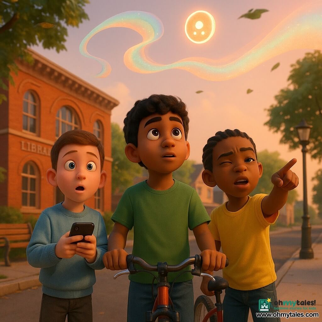Three boys, all 11: Kavi, tan skin, short curly black hair, green T‑shirt and jeans, center with one hand on his bike handlebar looking at the light; Milo, fair skin, crew‑cut brown hair, light blue sweatshirt, left of Kavi holding his phone looking surprised; Jalen, dark skin, short braided hair, yellow T‑shirt, right of Kavi squinting and pointing at the light; they stand at the curb of a neighborhood street in the late afternoon in front of a red brick library with a sidewalk, wooden park bench, trembling green tree leaves, houses and modern lampposts in the background and a peach‑tinted sky; a translucent ribbon of light descends and floats above the street like a glowing serpent, layered peach, mint and light blue with a slightly iridescent texture, and a small round symbol with three dots hovers above it like a notification.