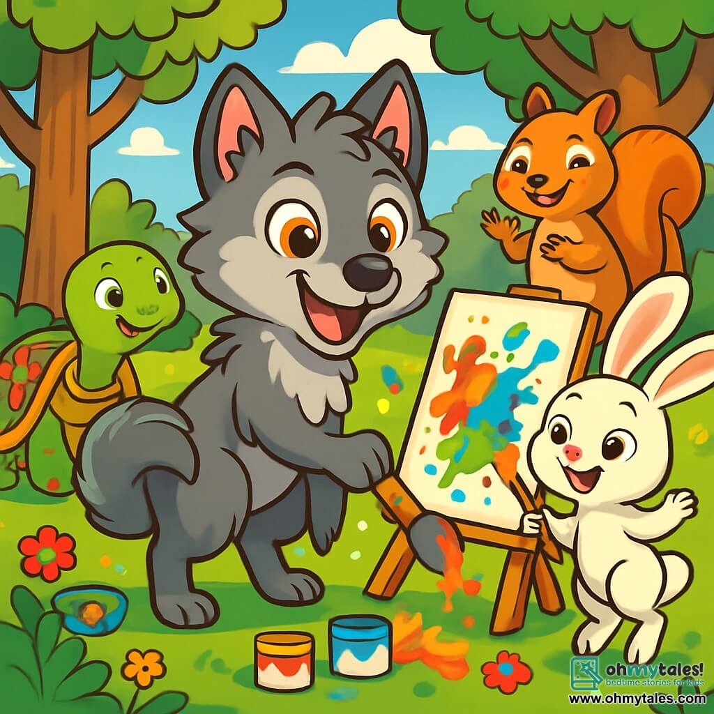 A young wolf with amber eyes and soft, silky fur stands at the center of the scene, displaying a big smile of excitement and curiosity. It is painting with its tail, creating splashes of bright colors on a canvas. Next to it, a small bunny with large ears and soft white fur jumps for joy, its sparkling eyes filled with enthusiasm, holding a paintbrush in its paws. In the background, a wise turtle with a shell adorned with colorful patterns watches with a kind smile, while a joyful squirrel, with reddish fur and bright eyes, signs with its paws, sharing its happiness with friends. The setting is a sunny clearing surrounded by majestic trees with vibrant green leaves, with colorful flowers scattered on the ground. The scene depicts a moment of creativity and friendship, where all characters are having fun together, celebrating their differences through art.