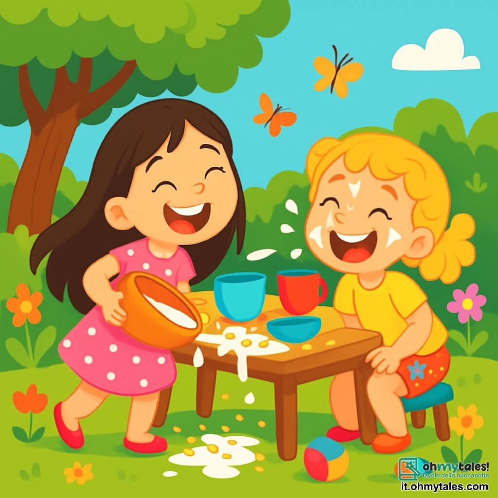 Ci sono 2 personaggi principali: Emma, una bambina di 6 anni con lunghi capelli castani e occhi scintillanti, indossa un vestito rosa a pois bianchi e sorride maliziosamente, mentre tiene un grande ciotola di cereali rovesciata a sinistra. Sofia, una bambina di 5 anni con capelli biondi ricci e occhi blu brillanti, indossa una maglietta gialla vivace e pantaloni corti a fiori, ed è accovacciata a destra, ridendo con schizzi di latte sul viso. La scena si svolge in un giardino soleggiato, pieno di fiori colorati, farfalle volanti e un grande albero con foglie verdi lussureggianti. Al centro, un tavolo di legno è coperto di stoviglie colorate e giocattoli sparsi, creando un'atmosfera gioiosa e ludica. Le due sorelle ridono insieme dopo un piccolo incidente durante la colazione, con latte che ha traboccato sul tavolo e cereali sparsi, illustrando la loro complicità e gioia di stare insieme.