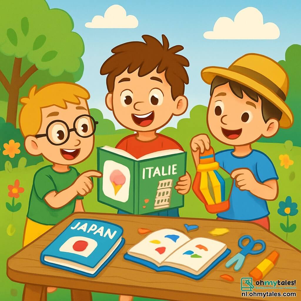 Er zijn 3 personages: - Tim: een 8-jarig jongen met rommelig bruin haar, gekleed in een rode t-shirt en een blauwe short. Hij staat in het midden, glimlachend, met een boek over Italië in zijn handen. - Sam: een 7-jarig jongen met blond haar en een bril, gekleed in een groene t-shirt en een gele short. Hij staat links van Tim en wijst naar een afbeelding van een ijsje in het boek. - Joep: een 8-jarig jongen met kastanjebruin haar en een strooien hoed, gekleed in een lichtblauwe t-shirt en een oranje short. Hij staat rechts van Tim en houdt een gekleurde papieren lamp in zijn handen die hij zelf gemaakt heeft. De situatie speelt zich af in een mooie zonnige tuin, vol kleurrijke bloemen en groene bomen. Een grote houten tafel staat in het midden, bedekt met open boeken en kunstmaterialen om lampions te maken. De lucht is blauw met enkele fluffy witte wolken. De hoofdscène van het verhaal toont de drie vrienden die samen plezier hebben, boeken over Italië en Japan ontdekken en kleurrijke lampions maken. Ze zijn omringd door een vrolijke sfeer en een zomerse ambiance, met gelach en stralende glimlachen.