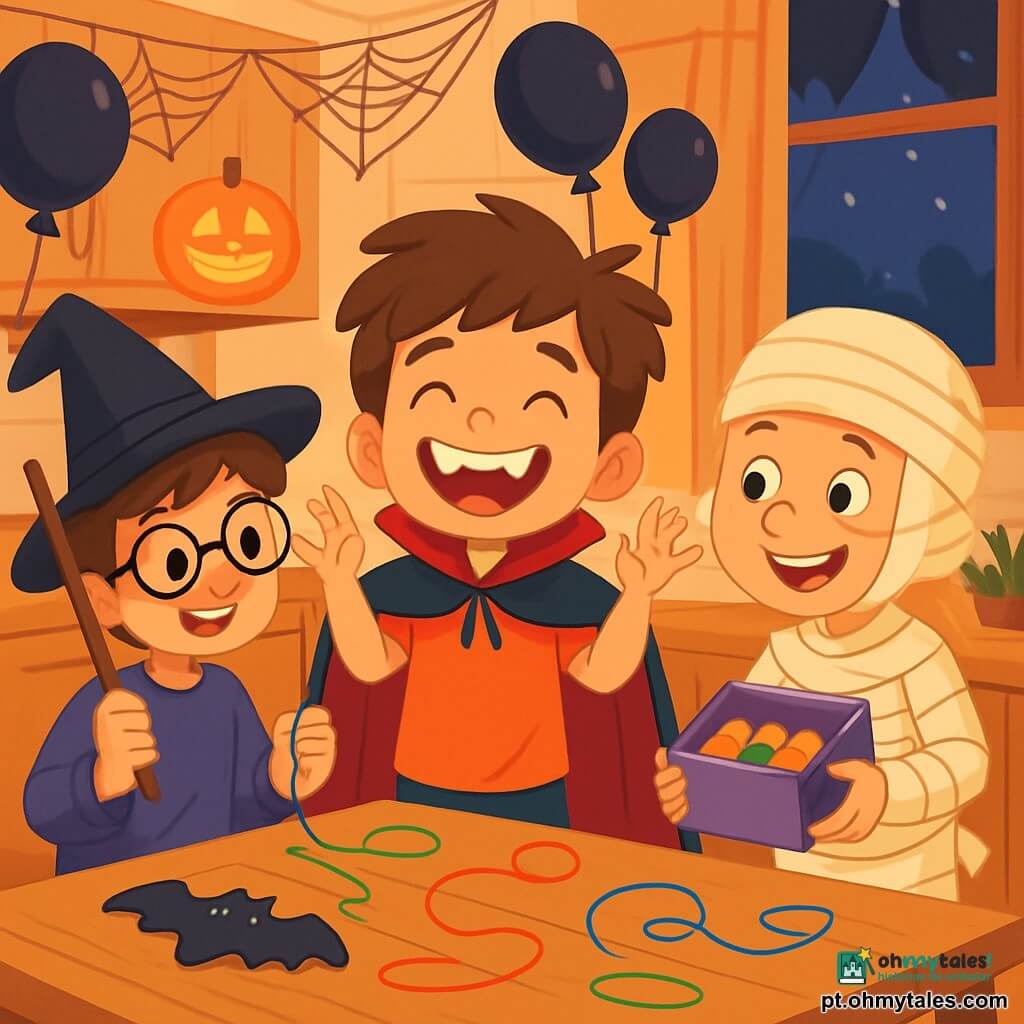 Há 3 personagens: Tiago, um garoto de 8 anos com cabelos castanhos bagunçados e um grande sorriso, vestindo uma capa de vampiro vermelha com dentes de plástico brilhantes, está no centro levantando os braços com entusiasmo. Lucas, também de 8 anos, usa óculos redondos e um chapéu de bruxo preto um pouco torto, com um olhar travesso e segurando uma varinha mágica de madeira, está à esquerda de Tiago, sorrindo e pronto para lançar um feitiço. Pedro, igualmente de 8 anos, tem cabelos loiros e está envolto em bandagens como uma múmia, com um olhar brincalhão e segurando uma caixa de doces, está à direita de Tiago, rindo e mostrando os doces aos amigos. O cenário é uma cozinha aconchegante decorada para o Halloween, com teias de aranha, lanternas de abóbora iluminadas e biscoitos em forma de morcego na mesa, enquanto balões pretos flutuam no teto e uma grande janela exibe a noite estrelada. A cena principal mostra os três amigos costurando juntos a capa de Tiago, com fios coloridos espalhados ao redor, rindo e se encorajando, criando uma atmosfera alegre e amigável, cheia de magia e aventura.