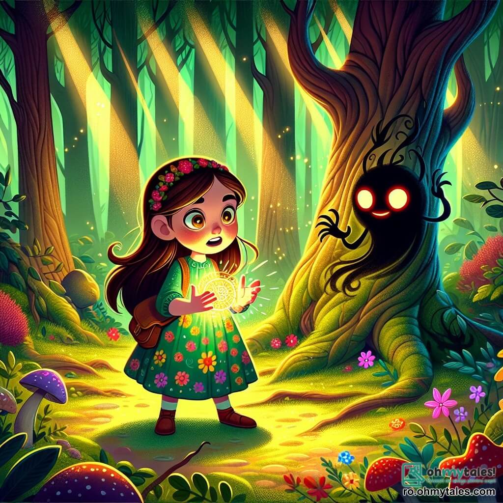 O fetiță de 10 ani, cu părul lung și brunet și ochi strălucitori de curiozitate, stă în centrul scenei, cu fața iluminată de o strălucire de uimire și excitație. Ea poartă o rochie verde cu flori și un rucsac mic, în timp ce privește cu fascinație un medalion strălucitor pe care îl ține în mâini. Lângă ea, o creatură din umbră, cu ochi roșii strălucitori și o siluetă neclară, plutește în aer, părând atât prietenoasă, cât și misterioasă. Decorul este o pădure densă, cu copaci înalți și trunchiuri noduroase, iar razele de lumină filtrează printre frunze, creând umbre dansante pe solul acoperit de mușchi. Fleurs colorate și ciuperci ciudate împânzesc subpădurea, adăugând o notă de magie mediului. Situația principală o arată pe Ana descoperind medalionul misterios, înconjurată de creaturi din umbră care dansează în jurul ei, creând o atmosferă atât fermecată, cât și ușor înfricoșătoare. Culorile vii contrazic umbrele, evocând o lume în care aventura și misterul se întâlnesc.