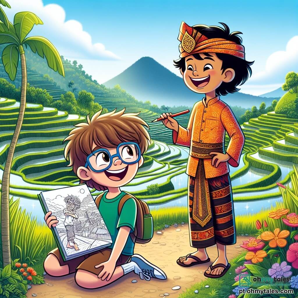 No primeiro plano, Lucas, um menino de 8 anos com cabelos castanhos e óculos, sorri alegremente segurando um grande caderno de desenho. Ao seu lado, Bali, um menino balinês de 9 anos com cabelos negros e uma túnica tradicional colorida, mostra um desenho que eles fizeram juntos. Eles estão em um caminho estreito cercado por campos de arroz verdejantes. Ao fundo, vêem-se campos de arroz em terraços brilhando sob o sol, com reflexos de água que criam um efeito espelho. Montanhas majestosas se erguem ao longe, enquanto flores exóticas de cores vibrantes adicionam um toque de magia à cena. A situação principal mostra Lucas e Bali desenhando um grande mapa dos campos de arroz, cercados por plantações luxuriantes, enquanto riem e compartilham histórias sobre suas culturas.