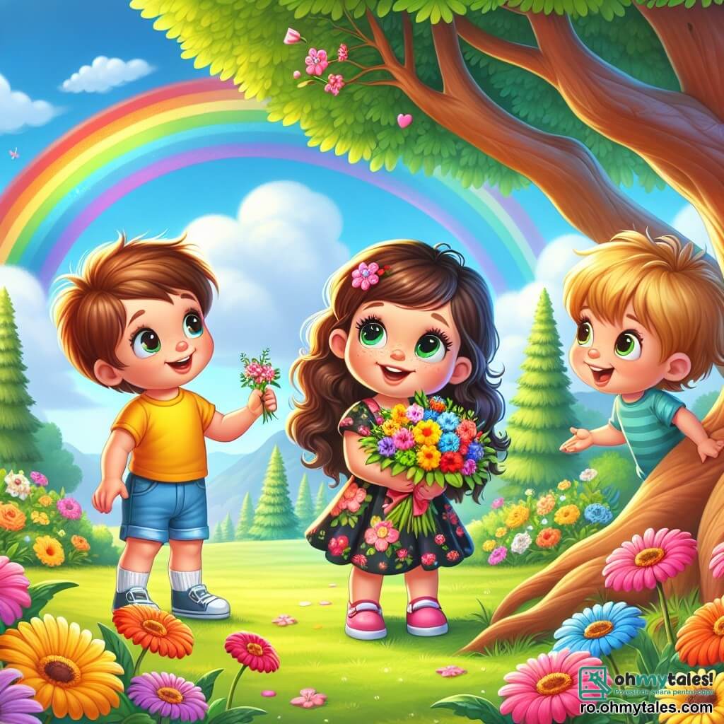 O fetiță de 2 ani, Ana, cu ochi mari și strălucitori și păr creț castaniu, zâmbește fericită sub un copac mare. Ea poartă o rochie colorată cu flori și ține un buchet de flori în mâinile ei mici. Lângă ea se află Maria, o fetiță de 3 ani, cu păr lung și drept, purtând un tricou galben și o pereche de pantaloni scurți din denim, care privește buchetul cu uimire. Un pic mai departe, Andrei, un băiat de 4 ani cu părul blond și zburlit și un tricou albastru, se adăpostește sub copac, râzând și arătând spre un curcubeu magnific care apare în cer după ploaie. Locul este un parc frumos, verde, plin de flori colorate și copaci mari, cu un cer albastru deschis și nori albi pufoși. Situația principală arată cei trei prieteni reuniți sub copac, împărtășind un moment de bucurie și prietenie, uimiți de frumusețea curcubeului care le luminează ziua.