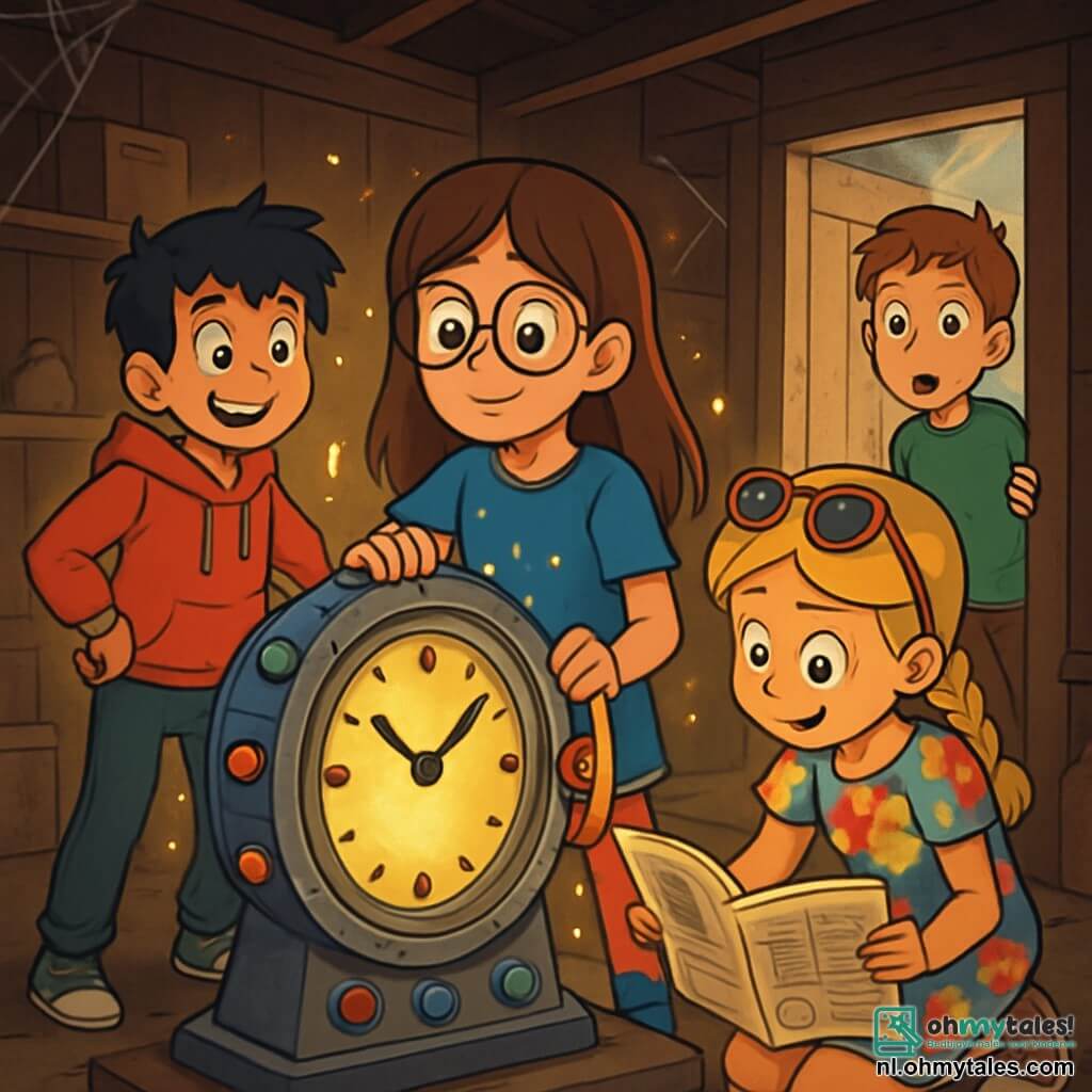 Er zijn 4 kinderen: Julia, een 11-jarig meisje met lange bruine haren en ronde brillen, draagt een blauwe t-shirt en een spijkerbroek. Ze staat in het midden, met grote ogen van nieuwsgierigheid, terwijl ze een grote knop op een mysterieuze klok draait. Amir, een 11-jarige jongen met rommelige zwarte haren en een ondeugende glimlach, draagt een rode hoodie en groene sneakers. Hij staat iets naar achteren, met zijn handen op zijn heupen, en kijkt opgewonden naar de scène. Emma, een 11-jarig meisje met gevlochten blonde haren en een zonnebril op haar hoofd, draagt een kleurrijke bloemenjurk. Ze zit naast de tafel en bladert door de oude krant van opa, met glinsterende ogen van ontdekking. Bas, een 11-jarige jongen met kastanjebruine haren en sproeten op zijn gezicht, draagt een groene t-shirt en cargo-broek. Hij staat bij de deur van de oude schuur en kijkt verbaasd naar binnen. De situatie speelt zich af in een oude houten schuur, vol stof en antieke voorwerpen. Spinwebben hangen in de hoeken en zonnestralen filteren door de vieze ramen. In het midden staat een grote metalen klok, versierd met kleurrijke knoppen, die een mysterieuze gloed uitstraalt. De kinderen ontdekken de magie van de klok en staan op het punt om door de tijd te reizen, omringd door een avontuurlijke en mysterieuze sfeer, met schitterende lichtflitsen om hen heen, die het aanstaande avontuur symboliseren.