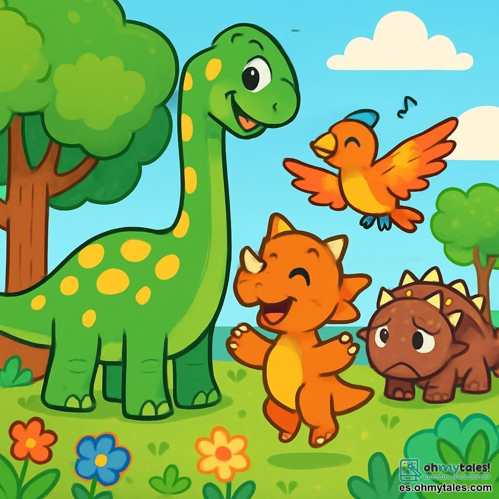 Un diplodocus alegre, con un largo cuello verde y manchas amarillas, se encuentra en el centro de la escena, sonriendo con ojos brillantes y curiosos. A su lado, un pequeño triceratops naranja, con tres cuernos afilados y una mirada juguetona, salta de alegría, mientras que un parasaurio de plumaje colorido canta con una voz suave, con las alas desplegadas. Al fondo, un anquilosaurio de espalda acorazada, con una expresión triste, observa a los demás con esperanza. La escena transcurre en una vasta llanura verde, salpicada de grandes árboles con hojas exuberantes y flores de colores brillantes, bajo un cielo azul con nubes blancas esponjosas. Los dinosaurios se reúnen alrededor de un gran árbol, listos para compartir un momento de alegría y amistad. La situación principal muestra a los dinosaurios riendo y jugando juntos, celebrando su amistad y apoyándose mutuamente en un entorno encantador y colorido.