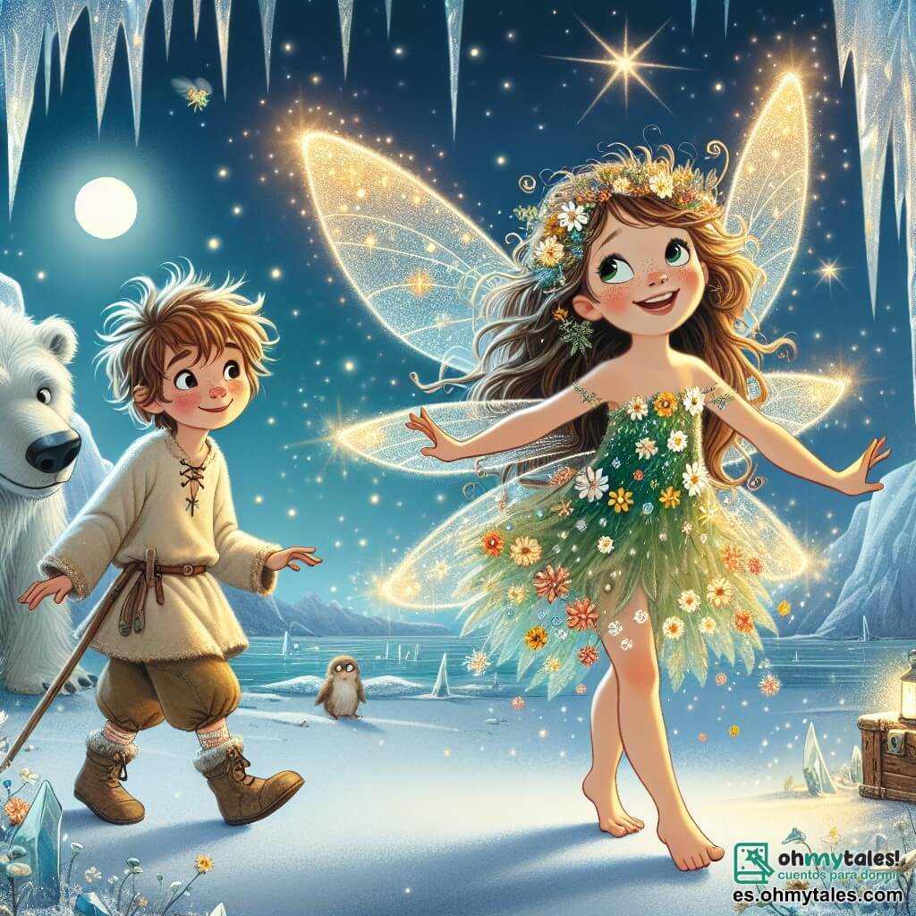 Una hada delicada con alas brillantes de tonos verdes y dorados baila alegremente bajo la luz de la luna, su rostro radiante de felicidad y curiosidad. Tiene el cabello largo y ondulado, adornado con pequeñas flores coloridas, y lleva un vestido hecho de pétalos de flores. A su lado, un niño de 10 años llamado Tomás, con cabello castaño desordenado y ojos chispeantes de asombro, observa a la hada con una sonrisa deslumbrante. Viste una túnica simple y pantalones de tela, y sostiene un palo de madera, listo para acompañarla en la aventura. Un gran oso polar, Boris, se encuentra un poco atrás, con una mirada amistosa y protectora. Su pelaje es blanco brillante y tiene ojos suaves, listo para ayudarles en su búsqueda. La escena transcurre en un claro de nieve brillante, rodeado de majestuosas montañas cubiertas de hielo, donde los cristales de hielo brillan como diamantes bajo la luz de la luna. Copos de nieve caen suavemente, añadiendo un toque de magia a la atmósfera. La hada y Tomás se preparan para enfrentar al guardián del Cristal de la mañana, un imponente lobo de hielo que se erige majestuosamente ante ellos, creando una tensión palpable en el aire.
