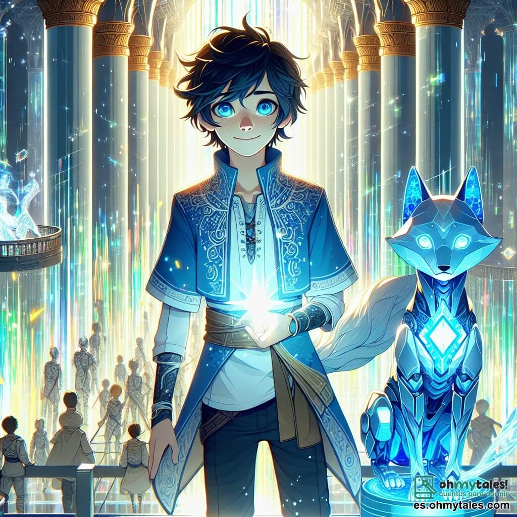 Un chico de 12 años, Elian, con cabello negro desordenado y ojos brillantes de curiosidad, se encuentra en la cima de una torre de cristal resplandeciente. Su rostro expresa una determinación luminosa y lleva una túnica azul adornada con patrones tecnomágicos. A su lado, un autómata en forma de zorro, Zhar, con pelaje metálico brillante y ojos de cristal azul, lo observa con una expresión protectora. La escena tiene lugar en la sala principal de la Torre de los Sabios, donde columnas de luz y sombra bailan a su alrededor, creando un espectáculo hipnotizante de colores vivos y reflejos. Hologramas de antiguas batallas flotan en el aire, añadiendo un toque de misterio a la atmósfera. Elian, sosteniendo el Núcleo de Althar, proyecta una barrera luminosa para proteger la torre de los mercenarios que se acercan, mientras destellos de luz emanan de su artefacto, iluminando su rostro con un resplandor dorado.