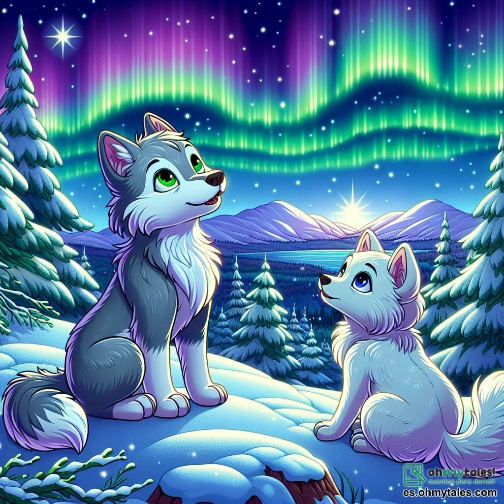El personaje principal es un pequeño lobo llamado Luno, con un pelaje gris suave y ojos brillantes de curiosidad. Está sentado en una colina nevada, mirando maravillado hacia el cielo, donde bailan auroras boreales de colores vivos como el verde y el violeta. A su lado está Nieve, una pequeña loba de pelaje blanco brillante, que sonríe, compartiendo el asombro de Luno. Ella está sentada con las patas delanteras sobre las rodillas, mirando el cielo con admiración. El lugar es una colina cubierta de una gruesa capa de nieve brillante, rodeada de grandes árboles con ramas cargadas de nieve, bajo un cielo nocturno estrellado. La escena muestra a Luno y Nieve, maravillados por la belleza de las auroras boreales, compartiendo un momento de alegría y descubrimiento, simbolizando el espíritu de aventura y la magia del invierno.