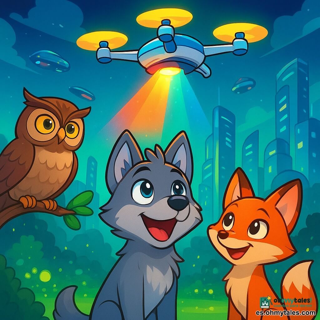 Un pequeño lobo de ojos brillantes y pelaje gris, Luno, se encuentra en el centro de la escena, mostrando una expresión de emoción y determinación. Mira hacia el cielo, donde un dron luminoso desciende suavemente, proyectando colores vivos en su rostro. Junto a él, una astuta pequeña zorra de pelaje naranja brillante, con ojos traviesos, observa el dron con curiosidad, su sonrisa revelando su entusiasmo. Un sabio búho de plumas marrones, posado en una rama cercana, los observa con una mirada reflexiva, sus ojos redondos y penetrantes delatando su interés por la situación. La escena se desarrolla en la plaza central de Nublia, una ciudad futurista con edificios brillantes rodeados de jardines bioluminiscentes que iluminan el suelo con un suave resplandor verde. Vehículos flotantes surcan el cielo, añadiendo un toque dinámico al fondo. Luno y sus amigos están listos para descubrir el mensaje del dron, que anuncia un proyecto de sostenibilidad para su ciudad. La emoción y la anticipación flotan en el aire mientras se preparan para enfrentar este nuevo desafío juntos.