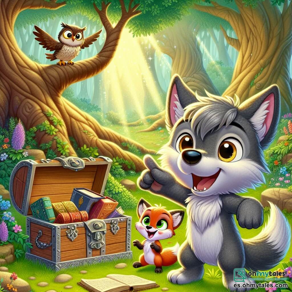 Lupo, un pequeño lobo de pelaje gris y ojos curiosos, se encuentra frente al majestuoso Árbol de los Secretos, sonriendo. Está señalando un antiguo cofre lleno de libros y canciones, que brilla bajo los rayos del sol. A su lado, Zuri, una bonita zorra de pelaje rojo y ojos traviesos, salta de alegría, expresando su emoción. Bruno, un sabio búho de plumas marrones y gafas redondas, está posado en una rama, observando con admiración. El lugar es un claro encantado, rodeado de árboles gigantes y hojas verdes, con flores coloridas en el suelo. Un rayo de luz ilumina el cofre misterioso. La escena muestra a Lupo y sus amigos descubriendo el tesoro del Árbol de los Secretos, llenos de alegría y listos para compartir sus nuevas historias.