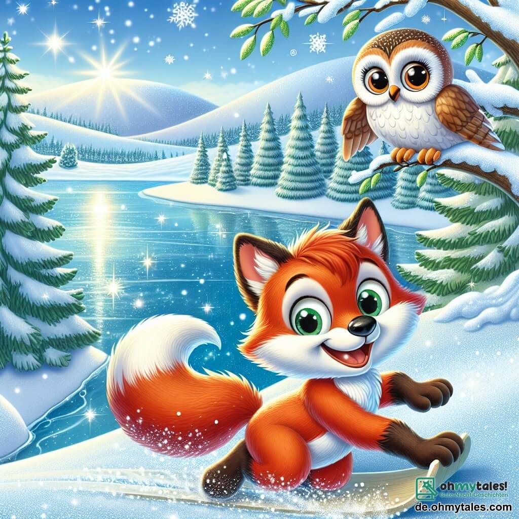 In einer märchenhaften Winterlandschaft gleitet ein kleiner roter Fuchs namens Finn mit glänzendem Fell und neugierigen Augen fröhlich über einen gefrorenen See, ein großes Lächeln erhellt sein Gesicht. In der Nähe beobachtet seine beste Freundin, die Eule Lila, mit bewundernden großen runden Augen von einem Baumast aus, ihre Flügel leicht ausgebreitet, bereit zum Abheben. Die Kulisse ist ein wunderschöner gefrorener See, umgeben von schneebedeckten Hügeln, die im Wintersonnenschein funkeln, während sanfte Schneeflocken vom hellblauen Himmel fallen und eine magische, friedliche Atmosphäre schaffen. Die Szene zeigt Finn, der über das Eis gleitet, lacht und Spaß hat, während Lila ihn von ihrem Platz aus anfeuert und den fröhlichen, freundlichen Geist eines abenteuerlichen Wintertages einfängt.