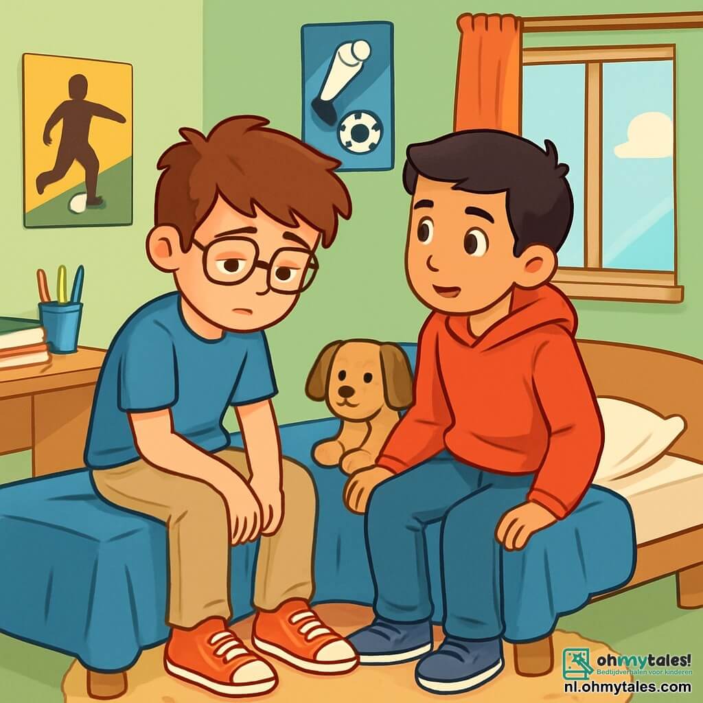 Er zijn 2 hoofdpersonages: - Bram: een 12-jarig jongen met rommelig bruin haar en een bril. Hij draagt een blauwe t-shirt en beige broek. Hij zit op zijn bed, met een peinzende blik, kijkend naar zijn schoenen. - Amir: een 12-jarig jongen met zwart haar en sprankelende ogen. Hij draagt een rode sweater en een spijkerbroek. Hij zit naast Bram op het bed, met een meelevende blik, klaar om naar zijn vriend te luisteren. De situatie speelt zich af in de kamer van Bram. De muren zijn lichtgroen geschilderd, en er hangen voetbalkalenders aan de muur. Een houten bureau staat vol boeken en potloden, terwijl een raam zonlicht binnenlaat, dat de kamer een zachte warmte geeft. Een zacht tapijt ligt op de vloer, en een knuffeldier in de vorm van een hond ligt op het bed. De hoofdscène van het verhaal toont Bram en Amir die praten over het verlies van Bram's vriend, zijn grootvader. Bram ziet er verdrietig en peinzend uit, terwijl Amir, met een troostende blik, zachtjes met hem praat en probeert hem steun te bieden.