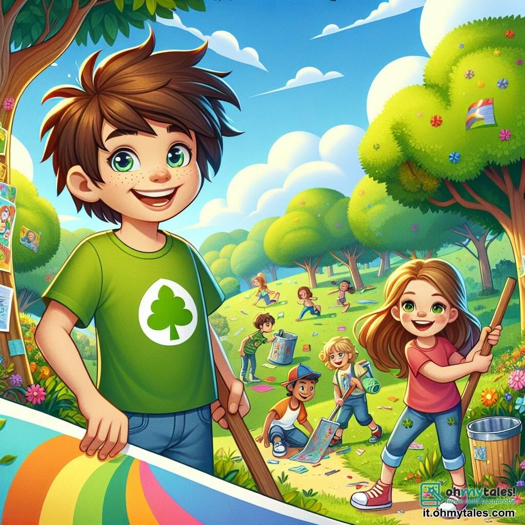Un ragazzo di 8 anni, di nome Marco, con capelli castani disordinati e occhi brillanti di curiosità, sorride felice tenendo un grande cartello colorato che dice "Insieme per il pianeta!" Indossa una t-shirt verde con un disegno di albero e pantaloni corti blu. Accanto a lui, una ragazza di 7 anni, Sara, con capelli lunghi e biondi, è intenta ad appendere manifesti su un albero, il suo viso splendente di entusiasmo. Un altro ragazzo, Luca, di 8 anni, sta raccogliendo rifiuti nel parco, con un'espressione determinata e concentrata. Il luogo è un parco verdeggiante, pieno di alberi maestosi, fiori vivaci e un cielo blu chiaro punteggiato di nuvole bianche e soffici. Le famiglie e i bambini giocano intorno, creando un'atmosfera gioiosa e dinamica. La situazione principale mostra Marco e i suoi amici che organizzano un grande evento di pulizia e sensibilizzazione ecologica, con bambini che ridono e collaborano per raccogliere rifiuti, trasformando il parco in un luogo pulito e accogliente.