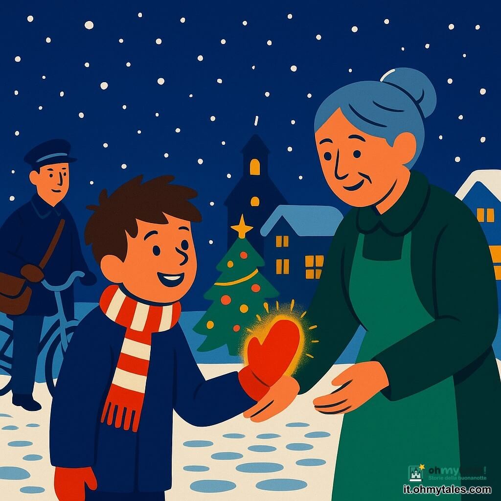 Ettore, circa 7 anni, sorridente e meravigliato, capelli castani spettinati, cappotto blu scuro e sciarpa rossa e bianca, porge una manina con un guanto rosso vivo leggermente luminoso; il guanto, piccolo e di lana, emana una lieve luce dorata e calore visibile come onde luminose; la signora Maria, anziana fioraia con capelli grigi raccolti, giocosa e commossa, in cappotto verde bottiglia e grembiule, le prende la mano sorridendo, a destra di Ettore; sullo sfondo un postino di mezza età con borsa di pelle marrone, sguardo affettuoso, appoggiato alla sua bicicletta innevata a sinistra; la piazza del paese è innevata con pavé parzialmente visibile, lampioni gialli che diffondono un'aura calda, un albero di Natale decorato a destra e botteghe di legno con vetrine illuminate; è la notte della veglia: grandi fiocchi spiralano in un cielo indaco stellato, con la sagoma della campana della chiesa all'orizzonte; atmosfera semplice e calorosa, contrasti netti di colori piatti, forme pulite e contorni spessi, composizione centrata sullo scambio della mano tra Ettore e la signora Maria.