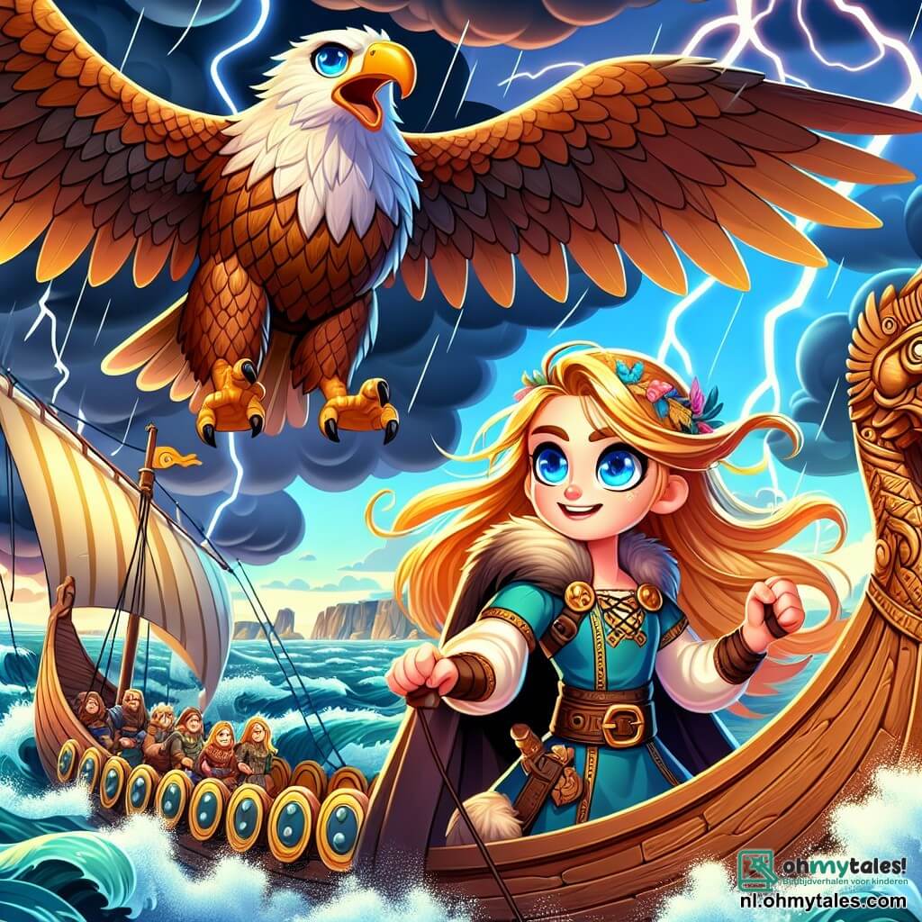 Een jonge Vikingvrouw genaamd Ingrid, met lange gouden haren die in de wind wapperen, staat trots op de brug van haar drakkar. Haar heldere blauwe ogen stralen van opwinding en vastberadenheid terwijl ze stevig het roer vasthoudt, klaar om de storm te trotseren. Naast haar zweeft een grote majestueuze adelaar met bruin en gouden veren in de lucht, zijn vleugels uitgespreid als een symbool van kracht en wijsheid. De drakkar, versierd met een gesculpteerde drakenkop, snijdt door de woelige golven van een onstuimige zee, onder een onheilspellende lucht waar donkere wolken zich ophopen. Bliksems verlichten de scène, wat een dramatische en magische sfeer creëert. Ingrid, omringd door de kracht van de natuur, bereidt zich voor om de naderende storm te trotseren, met een hart vol moed en avontuur.