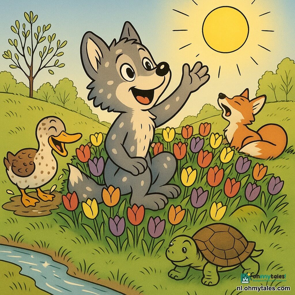 Een jonge antropomorfe wolvenpup (zacht grijs met witte vlekken) zit op een heuvel vol rode, gele en paarse tulpen, glimlachend en verwonderd, poot uitgestrekt naar de zon; links daarvan een oude gevlekte eend die lacht en zacht een moddersloot opspat met haar snavel; vooraan rechts een kleine, rustige schildpad met groene en bruine schaal die glimlachend over het natte gras schuifelt; achter de wolf ligt een jonge roodbruine vos met opgerolde staart en één wit oor, gaapend naar de hemel alsof hij licht inslikt; onderaan een fonkelend beekje en op de achtergrond bomen met lichtgroene knoppen; lente namiddag in gouden licht, warme vrolijke sfeer, heldere compositie, levendige kleuren, nette texturen, zachte lijnen en precieze contouren, in Frans-Belgische stripstijl, centraal gericht.