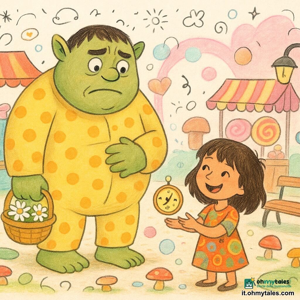 Un enorme ogre rotondo in pigiama a pois gialli, espressione confusa ma dolce, occhi tondi e sopracciglia aggrottate, tiene un piccolo cestino di margherite e si gratta la pancia che fa un leggero "boing"; Lina, 7 anni, frangetta ribelle e vestito colorato, ride tenendo una bussola antropomorfa sorridente, piccola e lucente come un biscotto con freccia rotante e una piccola pernacchia disegnata, che fluttua tra loro. La scena è al centro di una piazza variopinta con bancarelle che cantano (teiere con occhi, tappeti che starnutiscono, panche dipinte, lampioni che fanno l’occhiolino) e una bancarella di caramelle con lecca-lecca giganti; al suolo un sentiero di funghi a molla, bolle colorate fluttuanti e un arco di bolle rosa sullo sfondo. Atmosfera gioiosa e un po' folle, colori saturi, contorni morbidi, texture da pastello a cera, con piccoli doodle sovrapposti (stelle, note, cuori).