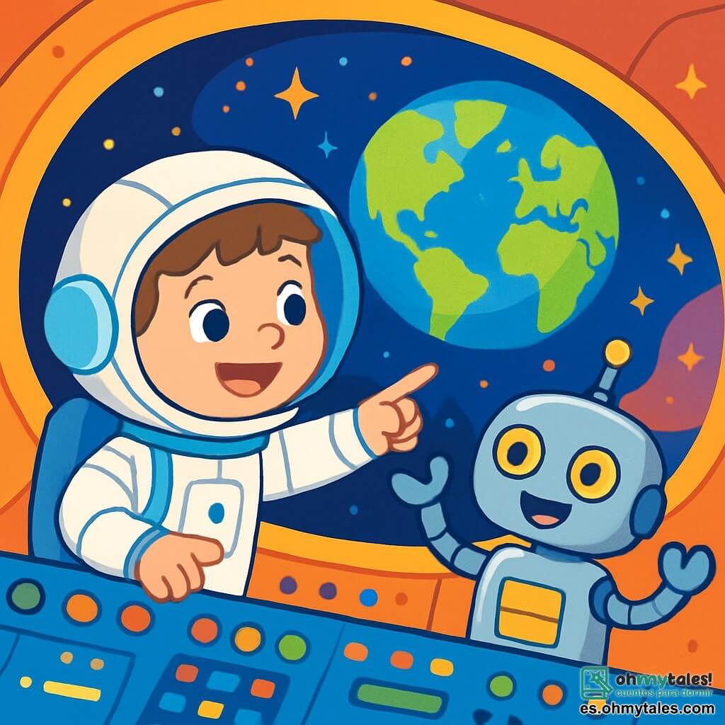 Un joven llamado Pedro, de aproximadamente 8 años, lleva un brillante traje de astronauta blanco con detalles plateados. Su rostro irradia alegría y emoción, y sus ojos brillan de asombro mientras mira por la ventana de su nave espacial. A su lado, un robot amistoso llamado Luni, con un cuerpo de metal plateado y ojos luminosos, realiza movimientos alegres, añadiendo un toque de magia a la escena. La escena transcurre en el espacio, con la Tierra azul y verde visible a través de la gran ventana de la nave, rodeada de estrellas brillantes y nebulosas coloridas. La nave está llena de botones coloridos y luces intermitentes, creando una atmósfera de aventura. Pedro y Luni están preparando su misión espacial, con Pedro señalando hacia la Tierra y explicándole a Luni las maravillas del espacio, mientras Luni emite pitidos entusiastas, listo para explorar los misterios del universo.