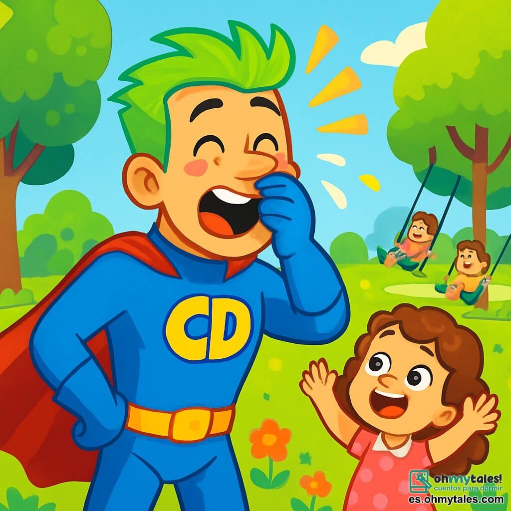 Un superhéroe hombre, el Capitán Despiste, con cabello verde fosforescente, un traje azul brillante y una gran sonrisa divertida, está en el centro de la imagen, listo para estornudar. Sus ojos brillan con picardía y tiene una expresión de sorpresa alegre. A su lado, una niña de 8 años, con cabello rizado y castaño, vestida con un vestido rosa con lunares, mira con asombro, con los brazos en alto, lista para aplaudir. Al fondo, un parque soleado con árboles de hojas brillantes, flores coloridas y niños jugando en columpios. La escena principal muestra al Capitán Despiste, a punto de estornudar, rodeado de colores vibrantes que comienzan a cambiar a su alrededor, mientras las risas de los niños resuenan en el aire.