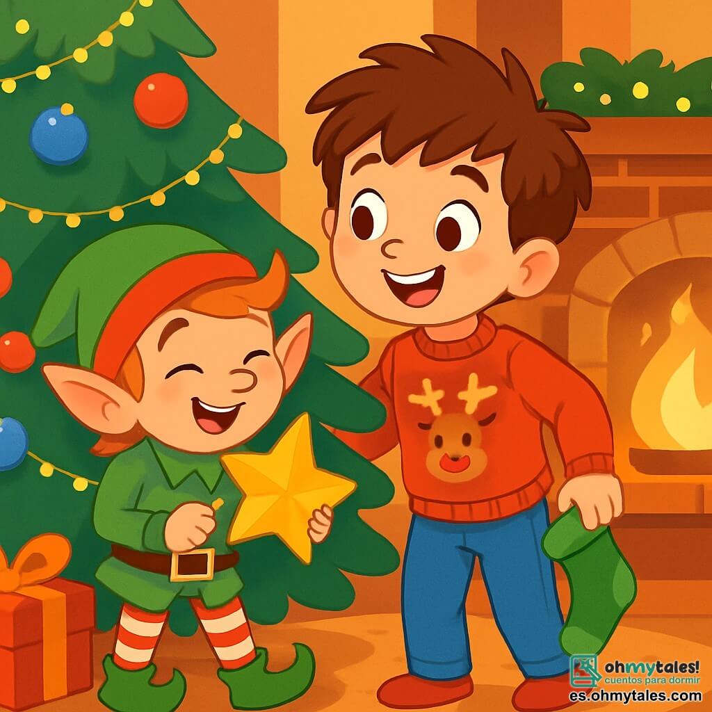 Un niño de 6 años, con el pelo castaño desordenado y ojos llenos de curiosidad, lleva un suéter rojo con un reno y jeans azules. Sonríe maravillado, sosteniendo un pequeño calcetín verde, buscando al duende travieso detrás del árbol de Navidad. Junto a él, un duende juguetón, con grandes orejas puntiagudas, pelo rojo y un traje verde brillante, ríe mientras esconde una estrella de Navidad bajo su brazo. La escena transcurre en una sala acogedora, decorada con guirnaldas brillantes y bolas de colores colgadas de un gran árbol. Regalos con envoltorios brillantes están esparcidos alrededor del árbol, y un fuego crepita suavemente en la chimenea, proyectando una luz dorada. El niño y el duende están en plena acción, el duende escondiéndose detrás del árbol, mientras el niño, con una mirada traviesa, se prepara para sorprenderlo, creando una atmósfera de alegría y magia navideña.