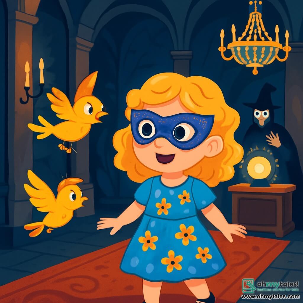 An 8-year-old girl with curly blonde hair and sparkling curious eyes stands at the center of the scene. She wears a blue dress adorned with floral patterns and a shimmering mask, displaying an expression of wonder mixed with excitement. Beside her, a bird with golden feathers flies in circles around her, as if inviting her to follow. The setting is a grand ballroom of an old mansion, with walls decorated with dark tapestries and dimly sparkling crystal chandeliers. The floor is covered with a worn red carpet, and shadows dance on the walls, creating a magical yet slightly eerie atmosphere. At the back of the room, a mysterious magician in a black cloak and silver mask stands near a large table with a glowing crystal ball. The main scene shows the little girl, awestruck, ready to uncover the mansion's secrets, as the magician begins to cast a spell, illuminating the room with vibrant and mysterious colors.