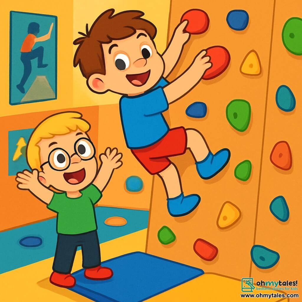 There are 2 main characters: Max, a 7-year-old boy with messy brown hair, wearing a bright blue t-shirt and red shorts, climbing a climbing wall with an enthusiastic smile. Ben, also 7 years old, has blond hair and round glasses, dressed in a green t-shirt and black pants, standing just below Max, raising his arms to encourage him. The setting is a colorful climbing gym with walls covered in multicolored holds ranging from red to yellow, green, and blue. Soft safety mats are on the ground, and posters of famous climbers decorate the walls. The main scene shows Max joyfully climbing towards the top of the wall while Ben encourages him with a big smile, creating an atmosphere of camaraderie and adventure.