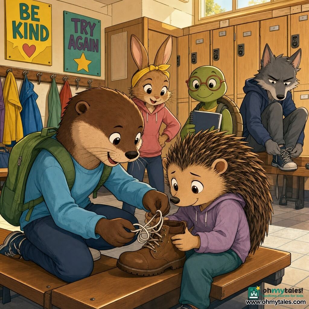 Milo, an anthropomorphic brown-furred otter with fine whiskers, kneels on a bench smiling and focused, holding navy sneakers with white laces as he helps Pippa, a small hedgehog with rounded quills and shy wide eyes, untangle and retie the laces on a brown boot; Junie, a young rabbit with a yellow headband, stands behind the bench hands on hips, mischievous and encouraging, Tessa, a calm turtle with an olive shell, stands slightly back with a notebook smiling proudly, and Grant, a tall gray wolf, appears by the light-wood lockers in the background with a loosely fastened shoe and a softened grumpy look; the school locker room shows wooden lockers, wall hooks with colorful raincoats, polished benches, tiled floor, bright "BE KIND" and "TRY AGAIN" posters, warm sunlight from a high window, and the main close-up framing focuses on hands and laces in a cheerful, high-contrast color palette with clean lines and child-friendly expressions.