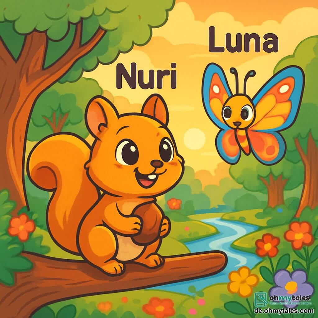 Ein kleiner, funkeläugiger Eichhörnchen namens Nuri mit golden-braunem Fell sitzt auf einem Baumast und lächelt voller Staunen. Er hält eine Nuss in seinen Vorderpfoten und schaut neugierig und freudig um sich. Neben ihm fliegt ein zarter Schmetterling namens Luna mit bunten Flügeln anmutig und zeigt eine freundliche, ermutigende Miene, bereit, ihm die Wunder der Welt zu zeigen. Die Szenerie ist eine verzauberte Lichtung, durchflutet von dem sanften Licht der untergehenden Sonne, mit leuchtenden Blumen in allen Farben, majestätischen Bäumen mit knorrigen Stämmen und einem glitzernden Bach, der sich durch die Landschaft schlängelt. Die Hauptsituation zeigt Nuri und Luna, die einen magischen Moment teilen, während Nuri die Schönheit der Natur und die Freude seines ersten Ramadan-Tages entdeckt, umgeben von der Pracht der ihn umgebenden Welt.