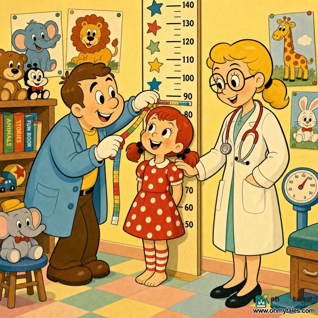 A smiling proud young man with short brown hair wearing a light blue smock and yellow T‑shirt measures a barefoot red‑haired five‑year‑old girl in pigtails against an illustrated wall height chart while a blonde female doctor in a white coat with round glasses and a red stethoscope gently rests her hand on the girl's shoulder and smiles. The bright colorful exam room has pale yellow walls with animal drawings, a star‑patterned height chart, a wooden shelf with toys and books, and a pastel checkerboard floor. The scene is warm and playful with joyful, reassuring expressions, vivid colors, rounded lines and simple shapes.