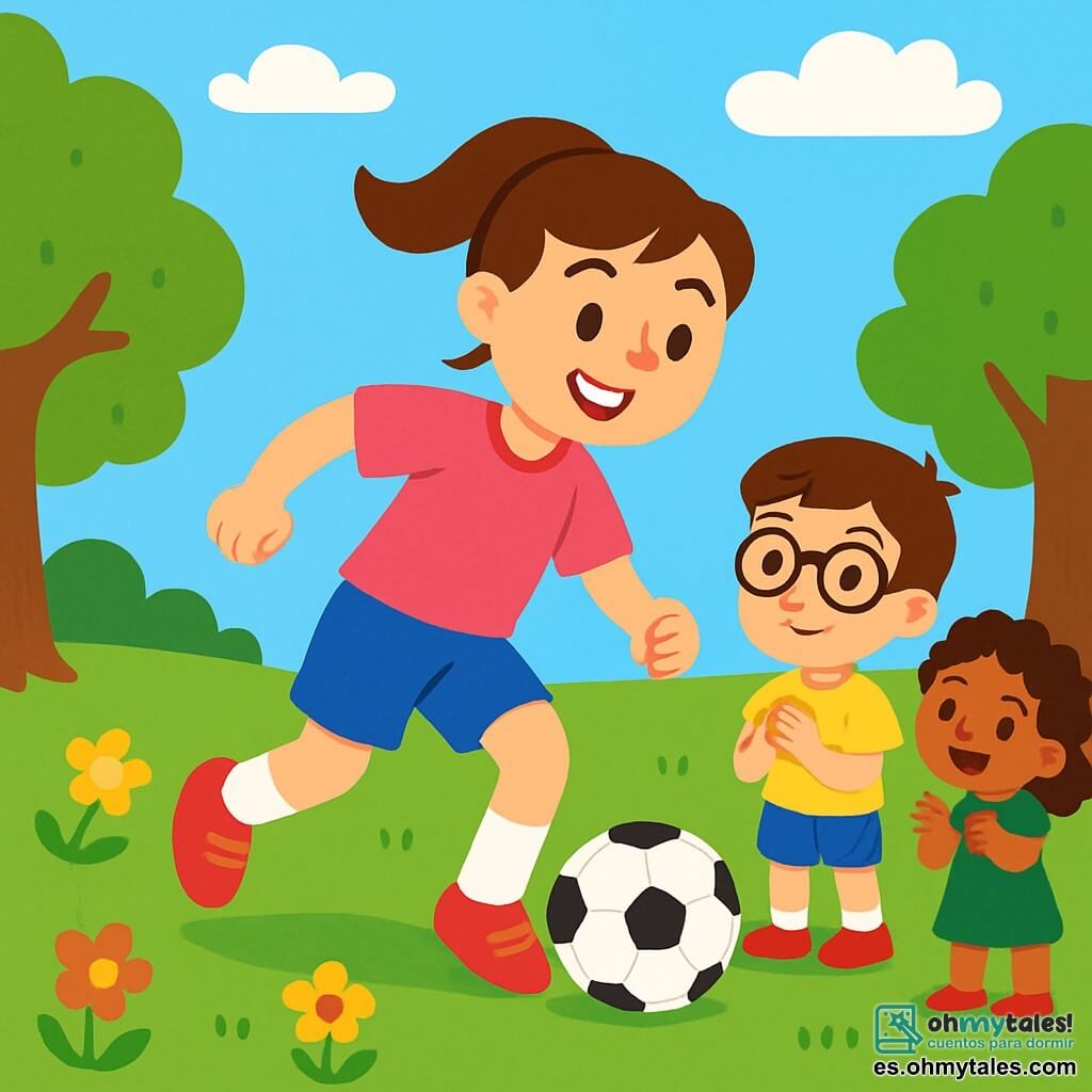 Una joven, Sofía, sonriente y llena de energía, lleva una camiseta de fútbol rosa y un short azul. Tiene el cabello castaño recogido en una coleta y está driblando un balón de fútbol en un campo verde. A su lado, un niño de 8 años, con gafas y una camiseta amarilla, la observa con admiración, listo para aprender. Otra niña de 7 años, con cabello rizado y vestida con un vestido verde, aplaude con entusiasmo. El parque está lleno de flores coloridas y árboles majestuosos, bajo un cielo azul brillante. Sofía enseña a los niños a driblar el balón, creando un ambiente alegre y dinámico.