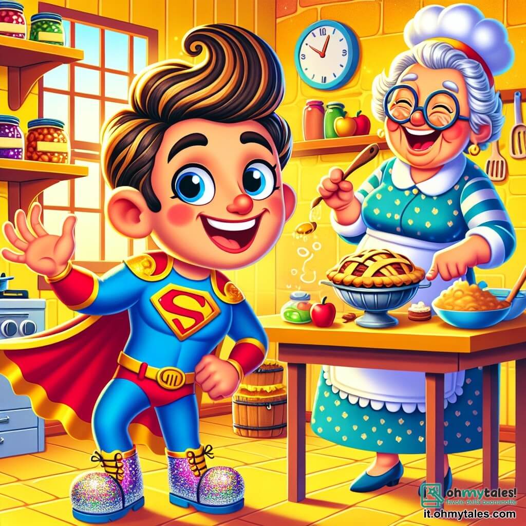SuperPasticcio, un uomo con un costume colorato e scarpe scintillanti, ha un grande sorriso malizioso sul viso. Sta facendo il gesto della papera con la mano, gli occhi spalancati di sorpresa e gioia. Accanto a lui, la nonna Gina, una donna anziana con i capelli grigi raccolti e occhiali rotondi, ride di gusto, con un cucchiaio di legno in mano, in piedi vicino a un tavolo pieno di ingredienti per la pasticceria. La cucina è accogliente, con pareti gialle, scaffali pieni di barattoli di marmellata e una finestra che lascia entrare la luce del sole. La scena principale mostra SuperPasticcio che cerca di preparare una torta di mele, ma i suoi poteri comici lo rendono goffo, creando un disordine divertente in cucina.