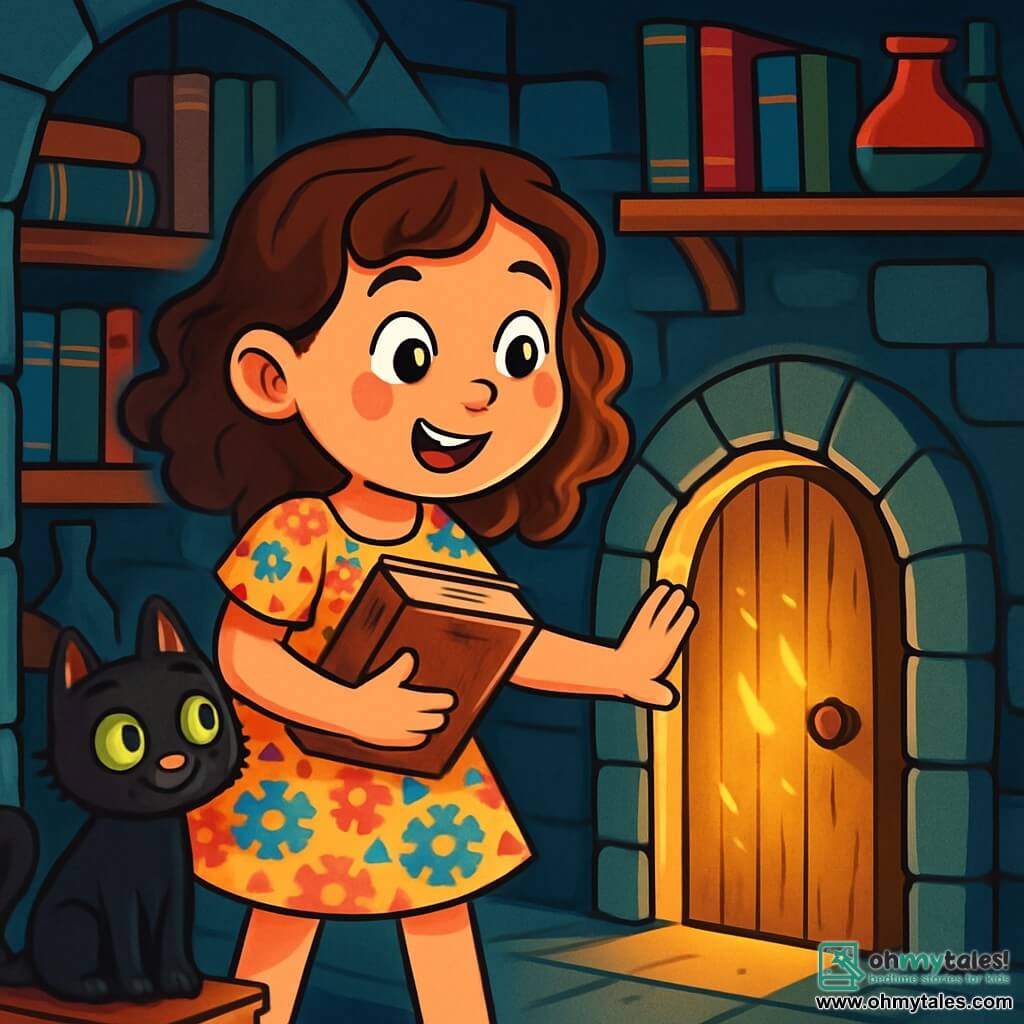 An 8-year-old girl, Lucy, with curly brown hair and sparkling curious eyes, stands in front of a small wooden door, her face lit up with excitement and wonder. She wears a colorful floral dress and holds an old book in her hands, ready to open it. Next to her, a black cat with bright green eyes, curious and playful, watches the door with a mischievous expression, as if it knows a secret. The setting is a dark, mysterious passage with stone walls covered in ancient books and shelves filled with strange objects, creating a magical and intriguing atmosphere. The main scene shows Lucy, intrigued, pushing the secret door, revealing a golden light filtering through the opening, promising an adventure full of hidden treasures and mysteries to discover.