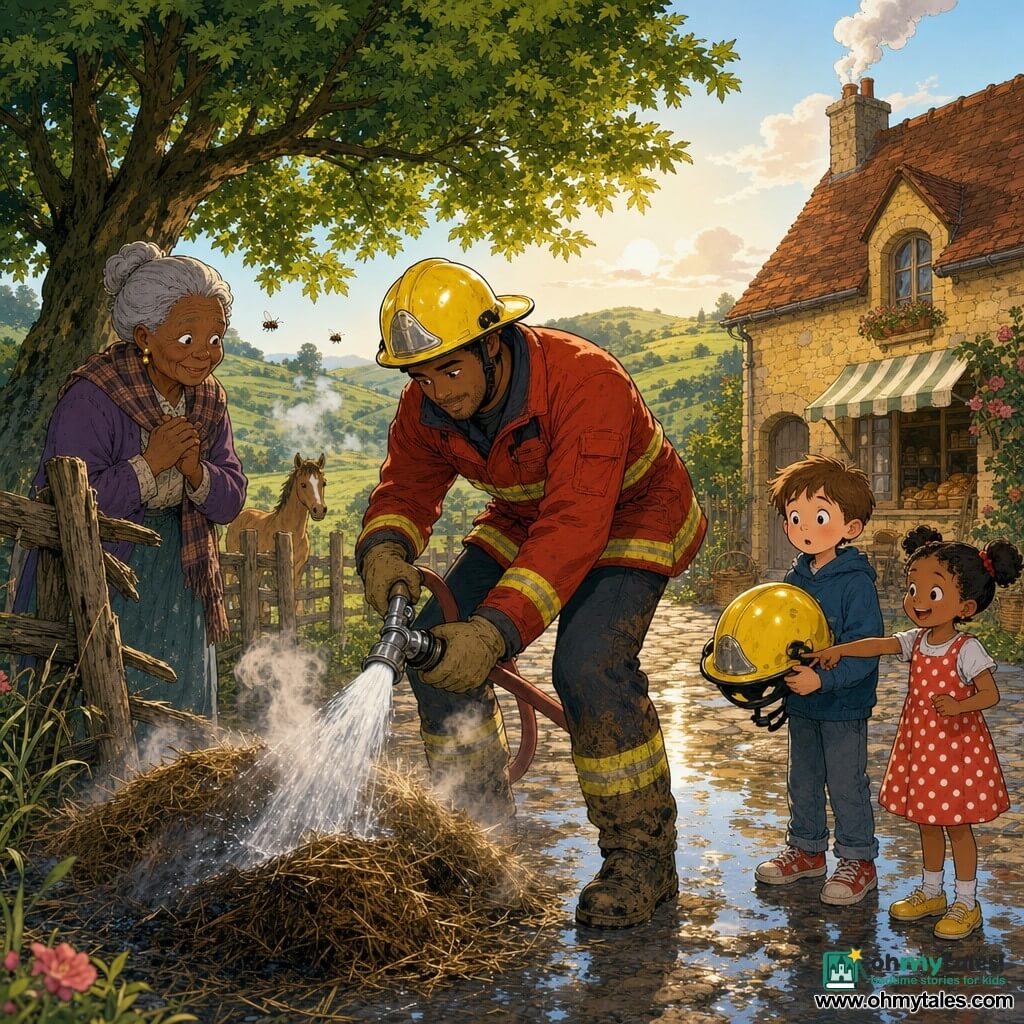 A calm, focused firefighter with a determined face and slight smile, shiny yellow helmet and red stitched jacket, leans forward holding a hose that sprays a silvery jet to douse a small smoldering haypile while gently spreading it, muddy boots on the ground; nearby to the left stands Mrs. Finch, about 70, grandmotherly in a plaid scarf and gray hair in a bun, hands clasped and relieved by a wooden fence; in the foreground right a wide-eyed 8-year-old boy with short chestnut hair holds an oversized helmet and a laughing 6-year-old girl in a polka-dot dress and pigtails points at the clearing smoke; background shows a yellow stone bakehouse with a thin chimney smoke, a dewy cobbled road, a broken wooden fence, a large dark-green maple, distant green hills and light mist, bees and a foal observing, late-afternoon warm colors contrasted with silvery water reflections.
