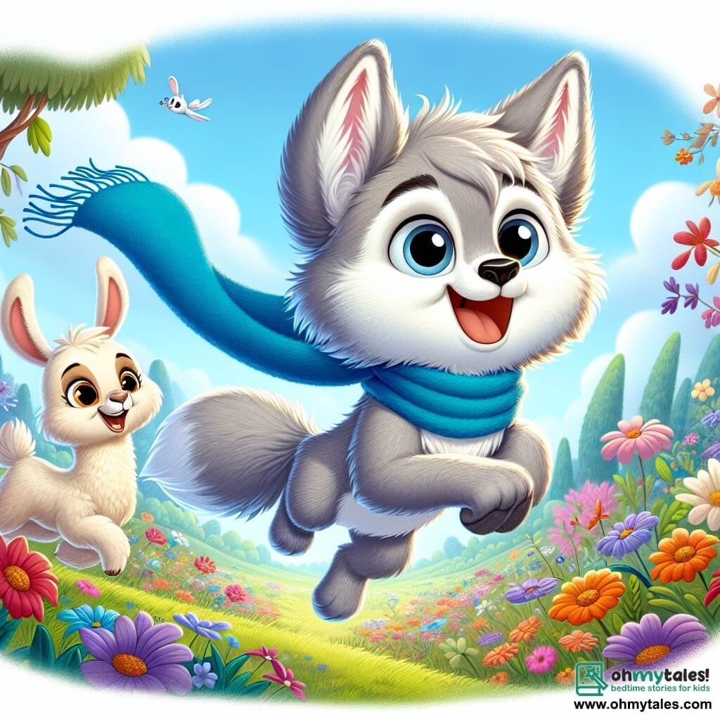In the center of the image, Wally, a small light gray fluffy wolf with large sparkling eyes, is joyfully jumping in a field of colorful flowers. He wears a long blue scarf that flows behind him like a superhero cape, and his expression is full of excitement and happiness. To his right, Benny, a small rabbit with big ears and white fur, is laughing with cheeks full of carrots. He has a bright smile and seems ready to jump in to join Wally on his adventure. On the left, Lila, a lovely llama with soft creamy fur, looks at Wally with a warm smile. She has big gentle eyes and her long head is tilted as if encouraging her friend to continue his exploration. The backdrop is an enchanting landscape with trees featuring multicolored leaves, flowers dancing in the wind, and a blue sky dotted with fluffy clouds. In the distance, a winding path leads to a mysterious forest, full of promises of adventure. The main scene shows Wally, Benny, and Lila on a quest to find the Magic Berry, surrounded by laughter and bright colors, capturing the spirit of a joyful adventure filled with camaraderie.