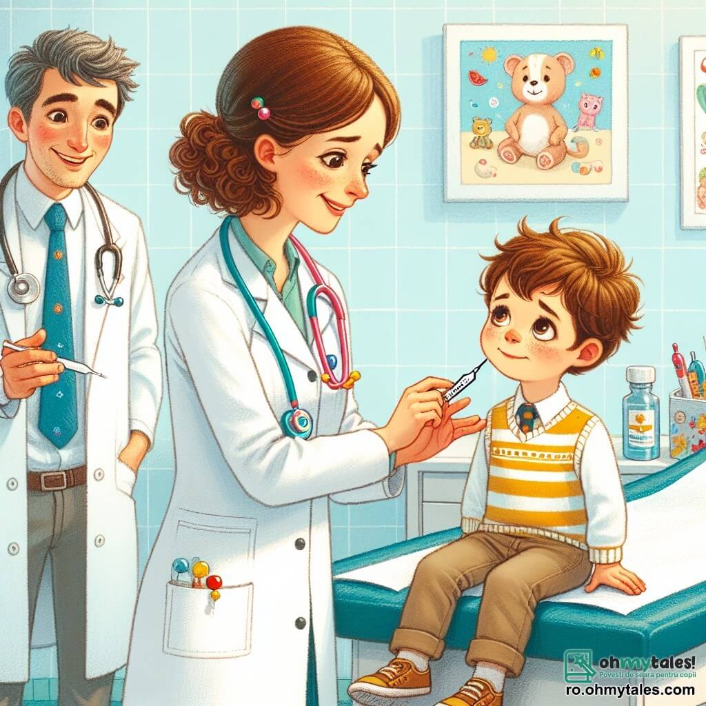 Scena o arată pe doctora Ana, o femeie de aproximativ treize ani, cu părul creț și brunet și un zâmbet cald. Ea poartă un halat alb și un stetoscop colorat la gât, examinând un băiețel pe nume Andrei, care are aproximativ 7 ani, cu ochi mari și curioși. Andrei, ușor îngrijorat, stă pe o masă de examinare, cu mâinile mici strânse pe genunchi. Lângă ei se află Vlad, asistentul medical, un bărbat jovial de aproximativ treizeci de ani, cu părul scurt și mustață. El zâmbește și ține un termometru, pregătit să ajute. Clinica este luminoasă și primitoare, cu pereți vopsiți în albastru deschis, afișe colorate cu desene de animale și fructe, și jucării împrăștiate pe o etajeră. Situația principală o arată pe Ana liniștindu-l pe Andrei, explicându-i că vaccinul este ca un super-erou care îl va proteja, în timp ce Vlad face o glumă pentru a-l relaxa. Atmosfera este caldă și plină de râsete, ilustrând bunătatea și empatia celor doi adulți față de băiețel.