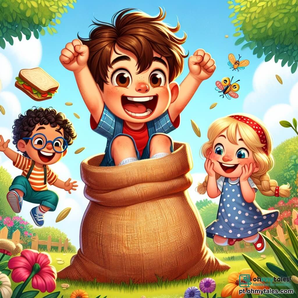 Um menino de 6 anos chamado Miguel, com cabelos castanhos bagunçados e um grande sorriso no rosto, está pulando alegremente em um grande saco de juta. Ele veste uma camiseta vermelha e um shorts azul, e seus olhos brilham de excitação. Ao lado dele, Ana, uma menina de 6 anos com cabelos longos e loiros trançados, o incentiva levantando os braços, seu rosto radiante de alegria. Tomás, um menino de 6 anos com óculos e cabelos castanhos, está caindo em um arbusto, cercado por flores coloridas, com uma expressão surpresa, mas divertida. Sofia, uma menina de 6 anos com cabelos cacheados e um vestido de bolinhas, está ao fundo, rindo e segurando um sanduíche, pronta para contar uma história engraçada. A cena acontece em um jardim ensolarado, cheio de flores coloridas e árvores verdes, com um céu azul claro e algumas nuvens brancas fofas. No centro, os amigos se divertem em uma corrida de sacos, criando uma atmosfera alegre e cheia de risadas, cercados por obstáculos feitos de caixas e brinquedos que adicionam um toque lúdico à ilustração.
