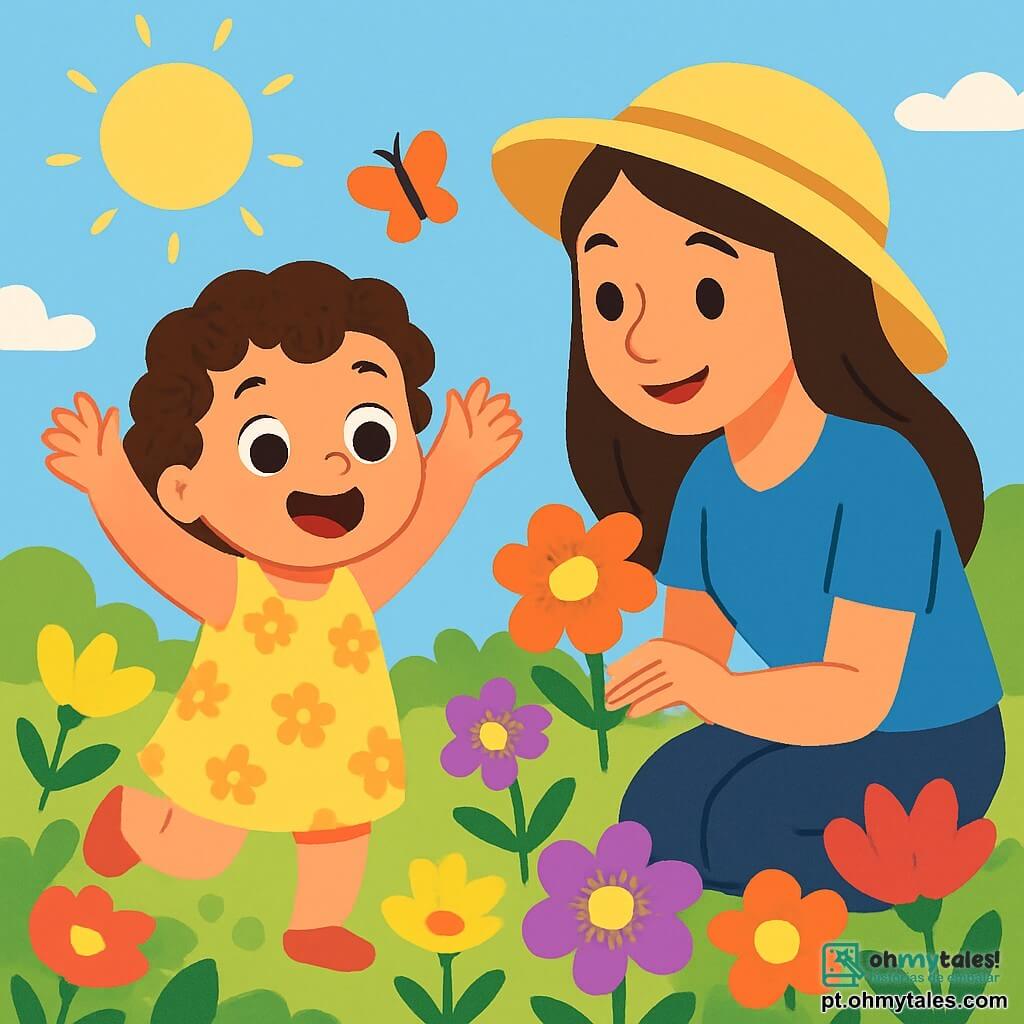 Uma menina de 2 anos, com grandes olhos brilhantes e cabelos cacheados, usa um vestido amarelo com flores. Ela sorri alegremente, com os braços levantados, pulando no jardim cheio de flores coloridas. Ao lado dela, sua mãe, uma mulher de cerca de 30 anos, com cabelos longos e lisos, usa um chapéu de palha e uma camiseta azul. Ela se agacha para admirar uma flor, sorrindo para a filha. O jardim está em pleno verão, com flores vibrantes de todas as cores: rosas, amarelas, roxas e laranjas, sob um céu azul claro e ensolarado. Borboletas coloridas voam ao redor das flores, acrescentando à magia do momento. A menina descobre as flores com deslumbramento, tocando delicadamente as pétalas, enquanto sua mãe a incentiva com um olhar terno.