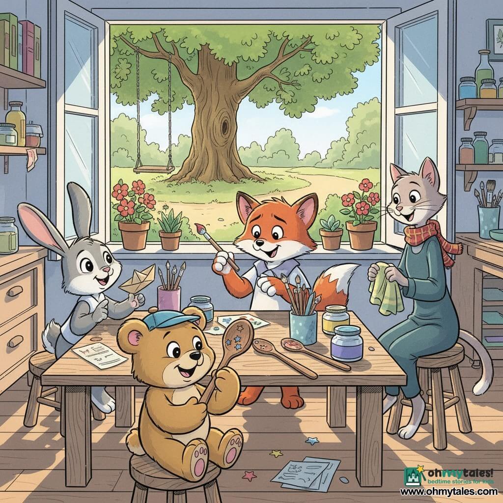 Benny Bear, a small light-brown teddy bear with round eyes and visible teeth when he smiles, curious and delighted, sits in the foreground wearing a small blue cap with a feather and delicately holding a wooden spoon decorated with stars while looking at the table; the artist fox, a little red fox with paint-splattered paws and an embarrassed but happy expression, stands behind the table painting tiny stars on a second spoon; Lila Rabbit, a small gray rabbit with long ears and sparkling eyes, stands to Benny’s left, enthusiastic, holding a paper boat and proudly showing the spoon; the scarf-wearing cat, slim and elegant, stands on a stool to the right smiling, holding a cloth and offering a towel to polish the spoon; the bright garden workshop beside a park path features a wooden table covered with paint pots, brushes, scraps of paper, painted stars, flower pots and an open window looking onto a path with a large oak and a swing; the warm scene centers on returning the lost spoon with friendly gestures, quiet laughter and soft afternoon sunlight casting long colorful shadows; visual style: clear lines, bright and pastel colors, visible wood and fur textures, readable facial expressions, composition centered on the table.