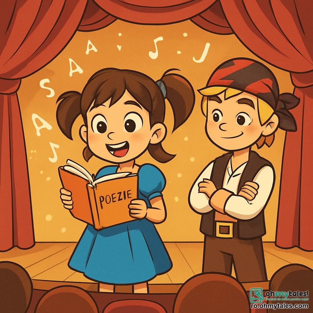 O fată de 10 ani, Bianca, stă pe o scenă de teatru, cu ochii strălucind de emoție și determinare. Poartă o rochie frumoasă albastră cu o curea mare galbenă, iar părul ei castaniu este prins în două codițe care dansează în jurul feței ei zâmbitoare. Ține în mâini o carte de poezie deschisă, cu mâinile tremurând ușor de anticipație. Lângă ea, Vlad, un băiat de 10 ani cu părul blond zbârlit și un costum de pirat, o încurajează cu un zâmbet cald, stând puțin mai în spate, cu brațele încrucișate, pregătit să o aplaude. Decorul teatrului este vibrant, cu perdele roșii din catifea și lumini strălucitoare care iluminează scena. Scaune roșii sunt aranjate în rânduri în fața scenei, pline de părinți și prieteni nerăbdători. Bianca, plină de curaj, se pregătește să recite poezia ei în fața publicului, în timp ce literele cuvintelor ei par să danseze în jurul ei, creând o atmosferă magică și veselă.