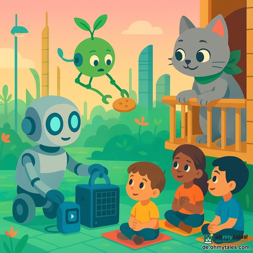 Bitlo, kleiner silberner Roboter mit zwei großen hellblauen Augen und weichen Rädern, vornübergebeugt und steckt einen leuchtend blauen Musikplayer an einen Sololautsprecher; Lin, anthropomorphe hellgraue Katze mit großem grünen Schleifenband, lächelnd auf ihrem Bambusbalkon rechts und schaut zu; Fio, kleine runde grüne Pflanzendrohne mit Gelenkarmen, panisch aber entschlossen, nimmt vorsichtig einen Keks von einer Solarzelle des Lautsprechers neben Bitlo; eine Gruppe Kinder sitzt auf bunten Grasmatten vor Bitlo, mit großen Augen und gefalteten Händen und hört die Geschichte, die Lehrerin mit geflochtenen Haaren steht lächelnd dahinter; Kulisse: Promenade der futuristischen Stadt Jelon mit schlanken Bambustürmen und integrierten Solarpaneelen, smaragdgrün beleuchteten Pflastersteinen, geometrischen Blumen, kleinen Solovögeln im Flug und transluzenten Rohrlaternen; Hauptsituation: Bitlo repariert und aktiviert den Sololautsprecher, damit alle ein großes Hörbuch hören können, warme, leuchtende Dämmerungsstimmung, lebhafte Pastellfarben, starke Kontraste und weiche Schatten.