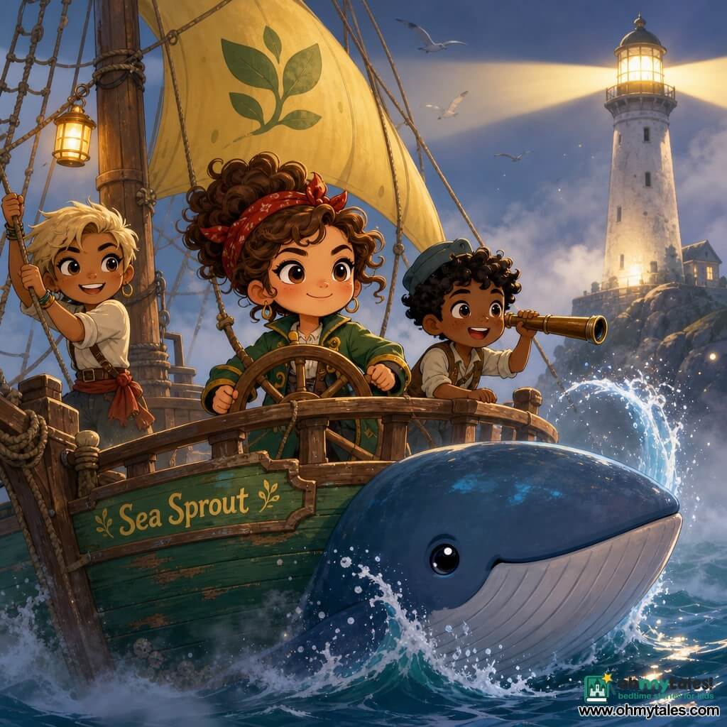 Captain Cassia, happy and determined with bright eyes and a calm smile, curly chestnut hair tied with a red scarf, wearing a green captain's jacket, stands at the ship's wooden wheel; Pip, about 9, freckled and awestruck with a small cap, leans on the starboard rail holding a long bamboo spyglass; Molly, ~25, mischievous and brave with short blond hair, smiles as she hauls a rope near the mast. A friendly blue whale surfaces beside the green-hulled "Sea Sprout," spraying an arc of water, swimming near the mid-hull. The ship has yellow sails, weathered wood details, visible rigging and small crates on deck. In the background a slender white lighthouse on wet rocks casts warm yellow light through a soft blue-gray mist; the scene shows the ship cutting through gentle fog guided by the whale and lighthouse, bright contrasting colors, clean outlines and rounded chibi silhouettes with soft lighting and light shadows.