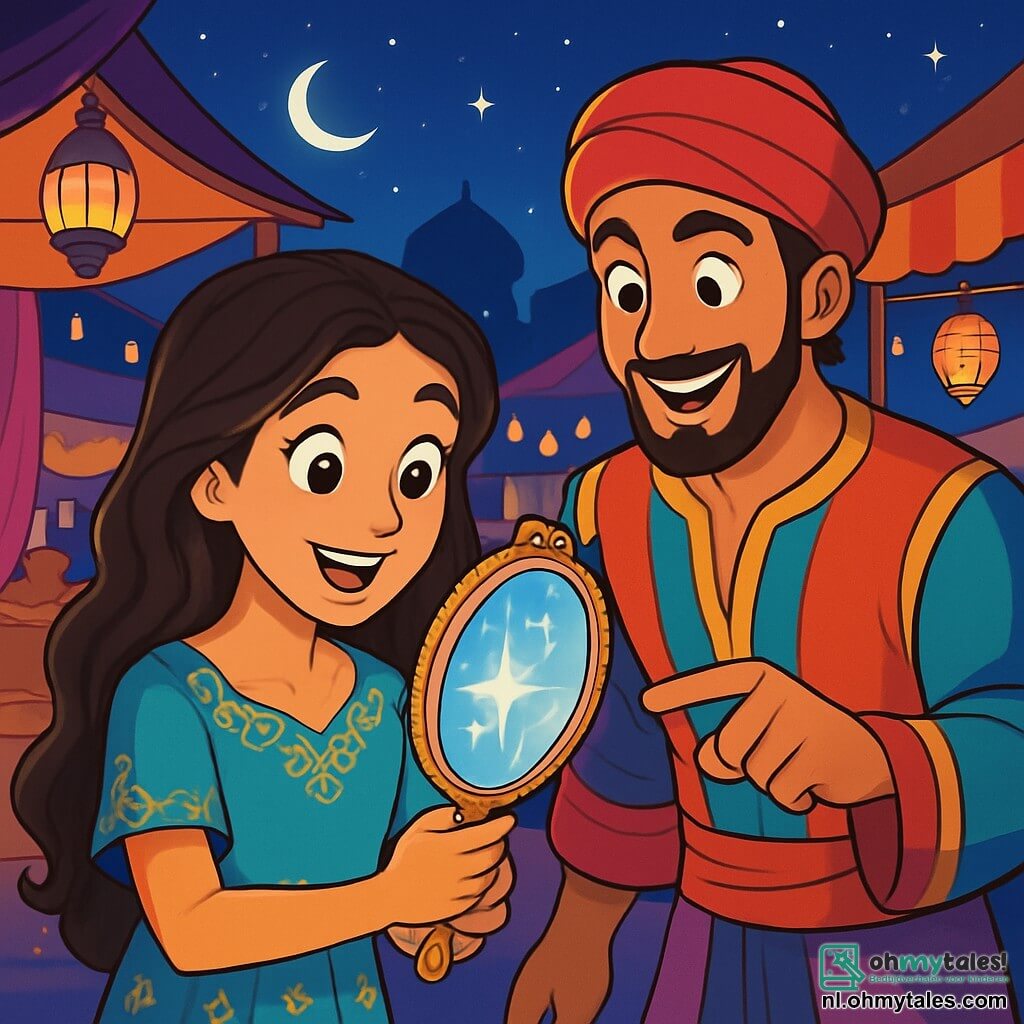 Aisha, een jonge vrouw met lange golvende kastanjebruine haren, draagt een turquoise zijden jurk versierd met gouden patronen, haar gezicht verlicht door een verwonderde glimlach. Haar ogen stralen van nieuwsgierigheid terwijl ze een prachtige glinsterende spiegel in haar handen houdt, die magische reflecties onthult. Naast haar staat Jinn, een mysterieuze man van ongeveer 30 jaar met heldere ogen en een zorgvuldig getrimde baard, gekleed in een flamboyante tuniek met felle kleuren. Hij glimlacht vriendelijk en wijst naar de magie die uit de spiegel straalt. De achtergrond is een sterrennacht op een levendige oosterse markt, vol met kleurrijke kraampjes, glinsterende lantaarns en flonkerende stoffen die in de bries wapperen. De lucht is doordrenkt met de geur van exotische specerijen en zoete lekkernijen, wat een betoverende sfeer creëert. De scène toont Aisha en Jinn die samen de magische spiegel ontdekken, omringd door het schitterende licht van de nacht, terwijl ze zich voorbereiden om in een avontuur vol mysteries en ontdekkingen te duiken.