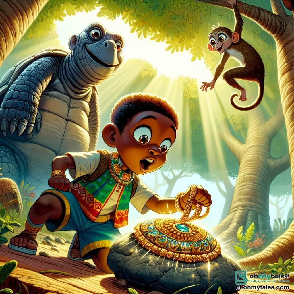 Kofi, een jonge Afrikaanse jongen van ongeveer 10 jaar, heeft een warme bruine huid en krullend haar. Hij draagt een kleurrijke short en een lichtgewicht katoenen t-shirt, met een uitdrukking van verwondering en vastberadenheid terwijl hij een prachtige glanzende gouden ketting ontdekt, voorzichtig neergelegd in de schaduw van een grote baobab. Dichtbij kijkt een wijze oude schildpad van ongeveer 70 jaar, met een schild versierd met natuurlijke patronen, hem vriendelijk aan, zittend op een platte steen, alsof ze op Kofi let. Iets verderop slingert een speelse kleine aap van ongeveer 5 jaar, met sprankelende ogen en een bruine vacht, vrolijk op een tak, wat een vrolijke toets aan de scène toevoegt. De plek is een groene open plek, omringd door majestueuze bomen, met zonnestralen die door de bladeren filteren en een spel van schaduw en licht creëren. Kleurrijke bloemen bedekken de grond, wat een vleugje magie aan de omgeving toevoegt. De belangrijkste situatie toont Kofi, verwonderd, die zijn hand naar de gouden ketting uitsteekt, wat zijn zoektocht naar wijsheid en avontuur symboliseert, terwijl de schildpad en de aap hem stilletjes aanmoedigen, wat het belang van vriendschap en ontdekking benadrukt.