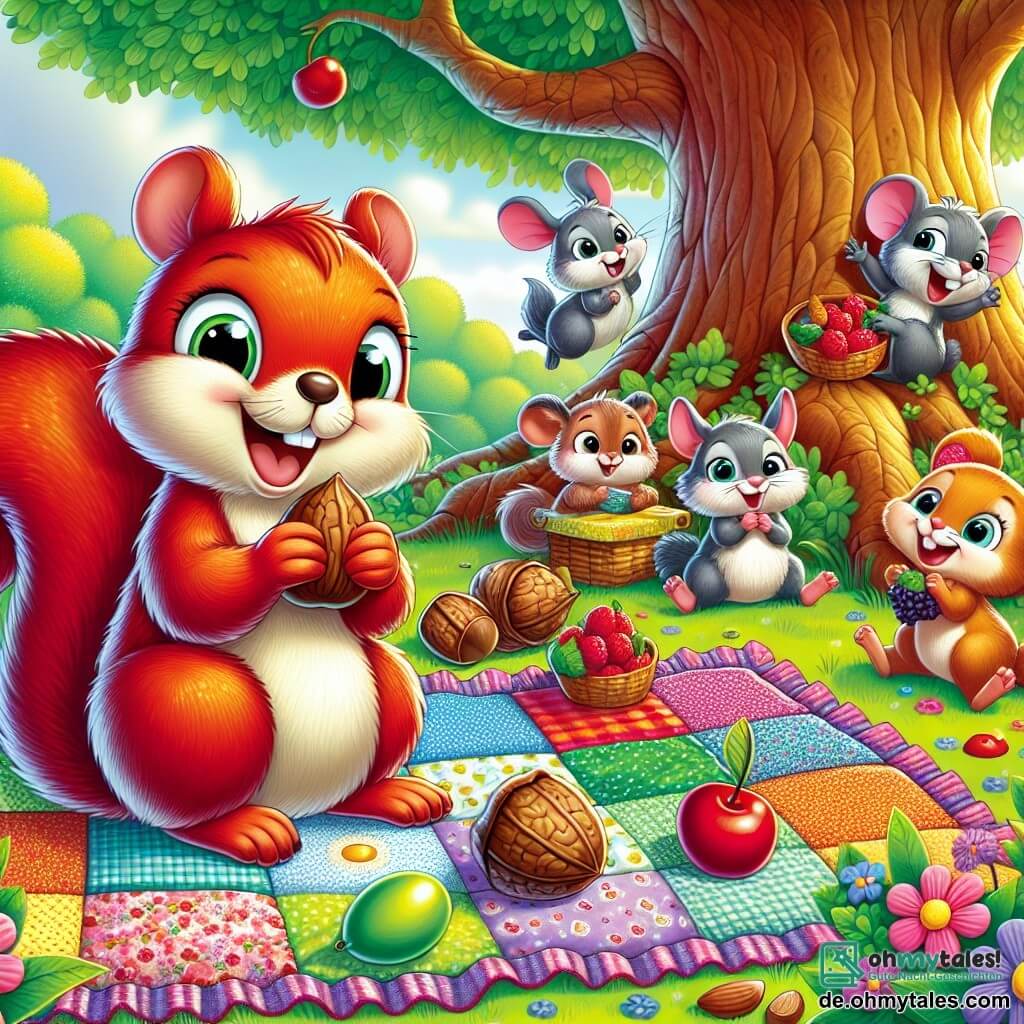 Ein kleines rotes Eichhörnchen namens Emil, mit glänzendem Fell und funkelnden Augen, sitzt auf einer großen Patchwork-Decke unter einem majestätischen Baum. Es lächelt breit, während es eine Nuss in seinen kleinen Pfoten hält, umgeben von seinen Freunden. Neben ihm reicht eine kleine graue Maus namens Mia, mit einem großen Lächeln und runden Ohren, einer anderen Freundin eine Beere. Ein junger Hase namens Hugo, mit großen Ohren und braunem Fell, hüpft fröhlich im Hintergrund und lacht begeistert. Der Ort ist ein schöner, grüner Park, voller bunter Blumen und Sonnenstrahlen, die durch die Blätter der Bäume filtern. Die Hauptsituation zeigt die Tiere, die ein fröhliches Picknick teilen, mit Früchten und Nüssen, die auf der Decke ausgebreitet sind, was Freundschaft und Solidarität symbolisiert.