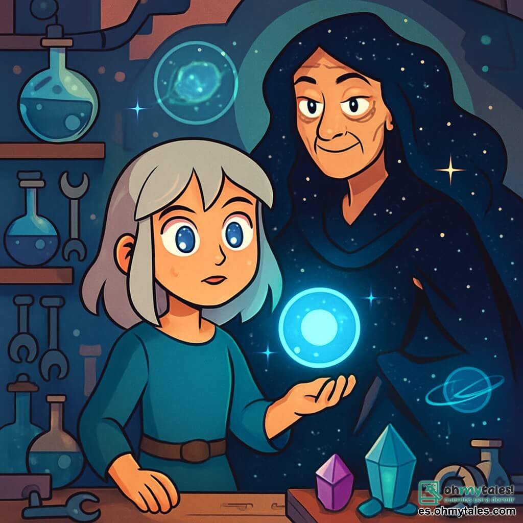 Lira, una joven de cabello plateado y ojos brillantes como estrellas, está en el centro de su taller. Con una expresión de determinación, examina un orbe luminoso de intenso azul que flota en su mano. A su lado, la Dama de les Noches Eternas, una mujer mayor con cabello negro como el infinito y un vestido de terciopelo estrellado, la observa con una mirada sabia y misteriosa, rodeada de una aura oscura y brillante. El taller de Lira está lleno de herramientas extrañas, cristales relucientes y máquinas antiguas, todo bañado en una luz tenue que crea sombras danzantes en las paredes. Hologramas flotan a su alrededor, proyectando imágenes de galaxias lejanas. Lira se da cuenta de que debe usar el poder del orbe para restaurar el equilibrio entre la luz y la oscuridad, mientras la Dama la anima a abrazar su destino.